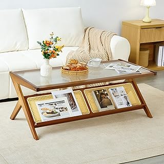 14 Minimalist Living Room Ideas for Clean Calm Modern Living 94 Bamboo Coffee Table, Accent Rattan Coffee Table with Glass Top, Mid-Cent...