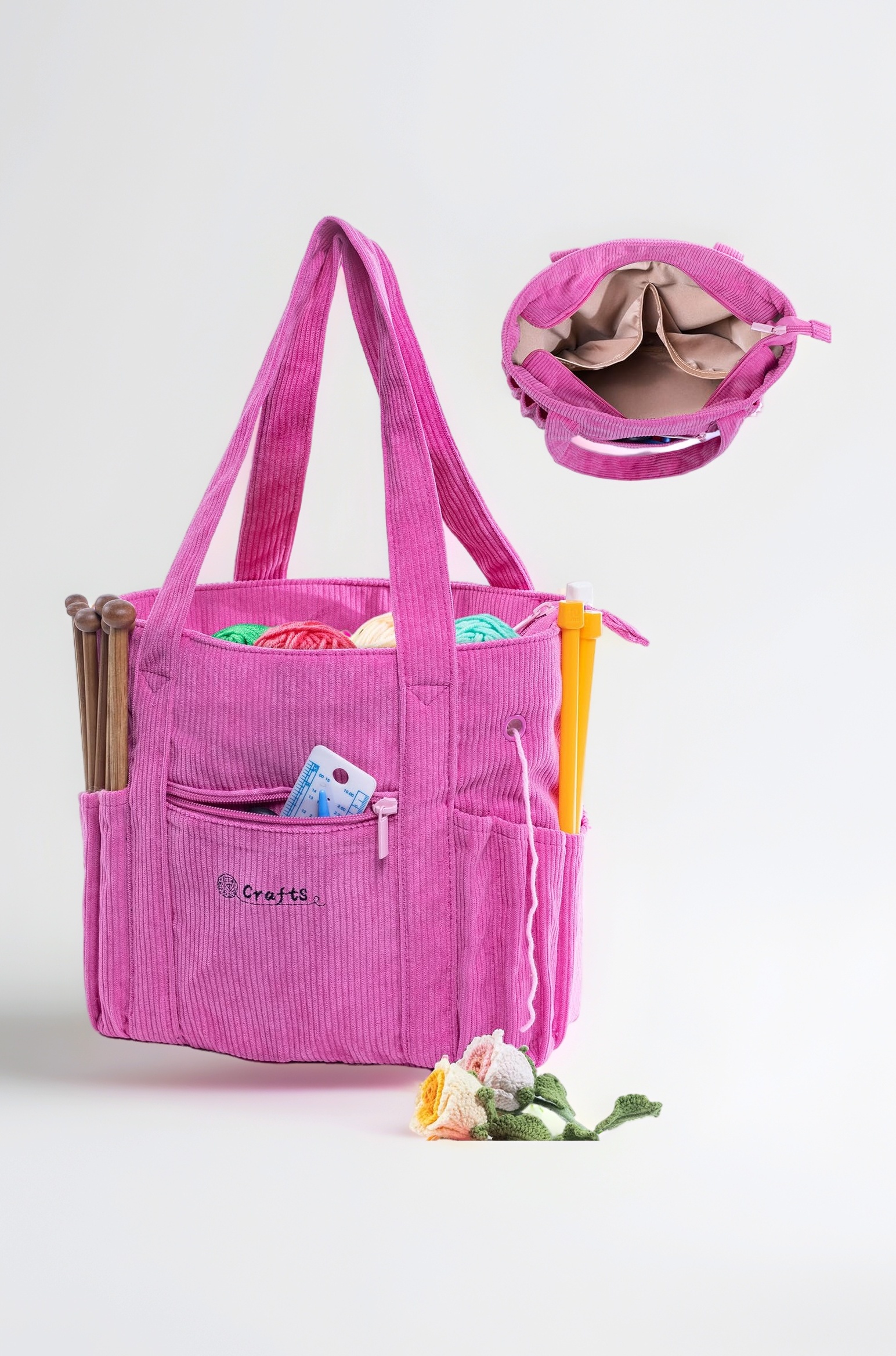 Crochet Bag and Tote - Corduroy Yarn Bag - Yarn Holder for Crocheting - Crochet Storage Bag for Crochet Hooks, Crochet Accessories, Knitting Bag for Crochet Lovers, Mother's Day Gift