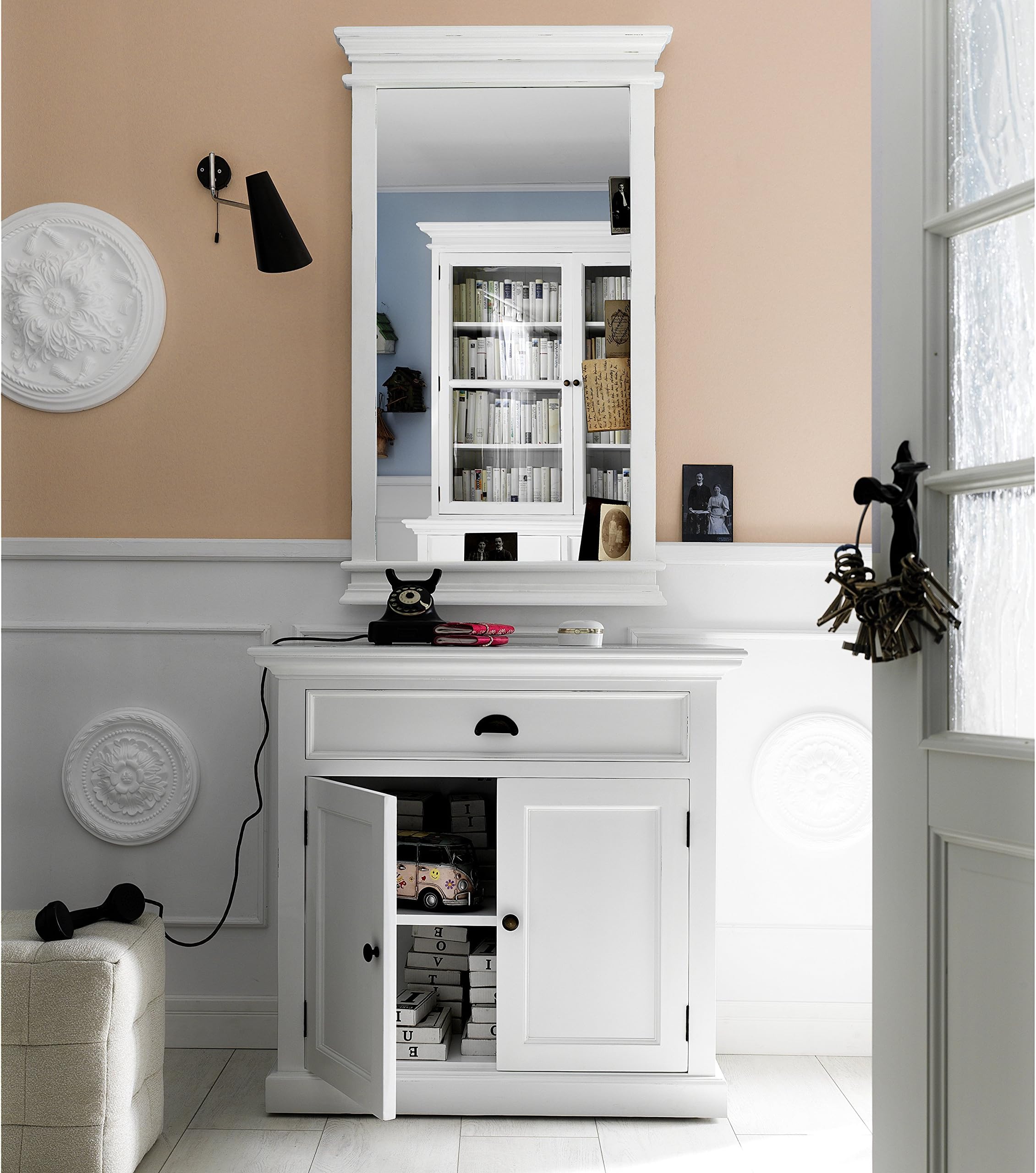 Halifax White Mahogany Buffet, Small Dresser or Sideboard, 1 Drawer and 1 Double Door (WHITE DISTRESSED)