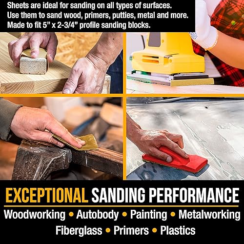 Miniatura 5 de Dura-Gold Hojas de papel de lija doradas de 5 x 2.75 pulgadas, grano 80 (caja de 40)  Parte trasera de gancho y bucle, carpintería para muebles de