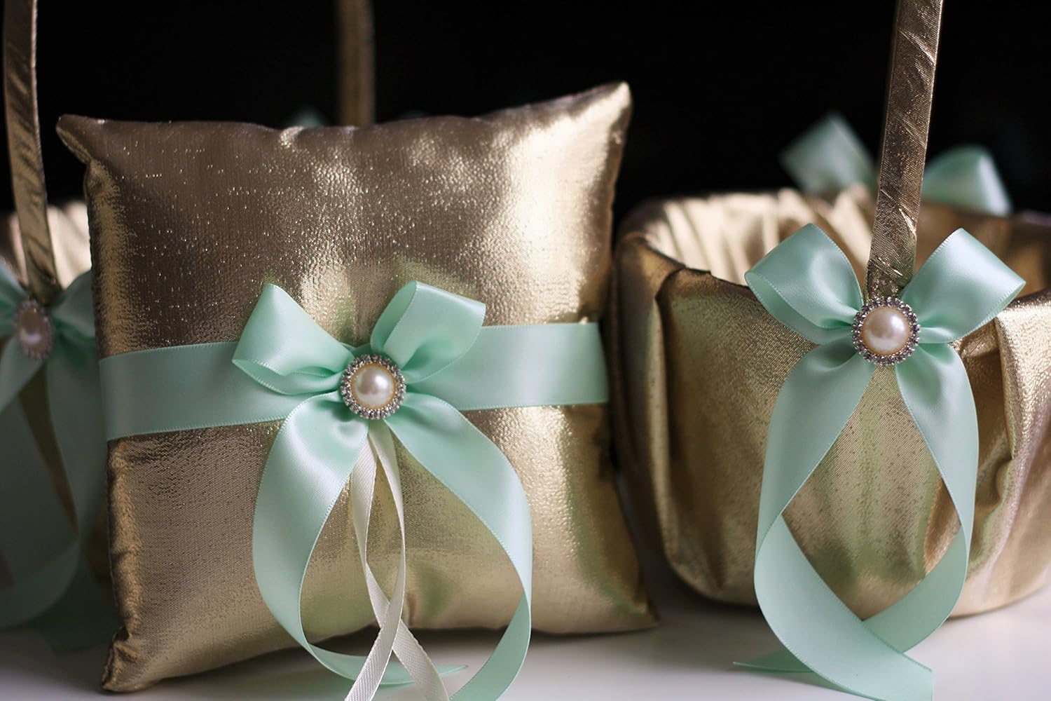 Gold & Mint Wedding Ring Bearer Pillow and Flower Girl Basket Set – Satin &Ribbons – Pairs Well with Most Dresses & Themes – Splendour Every Wedding Deserves
