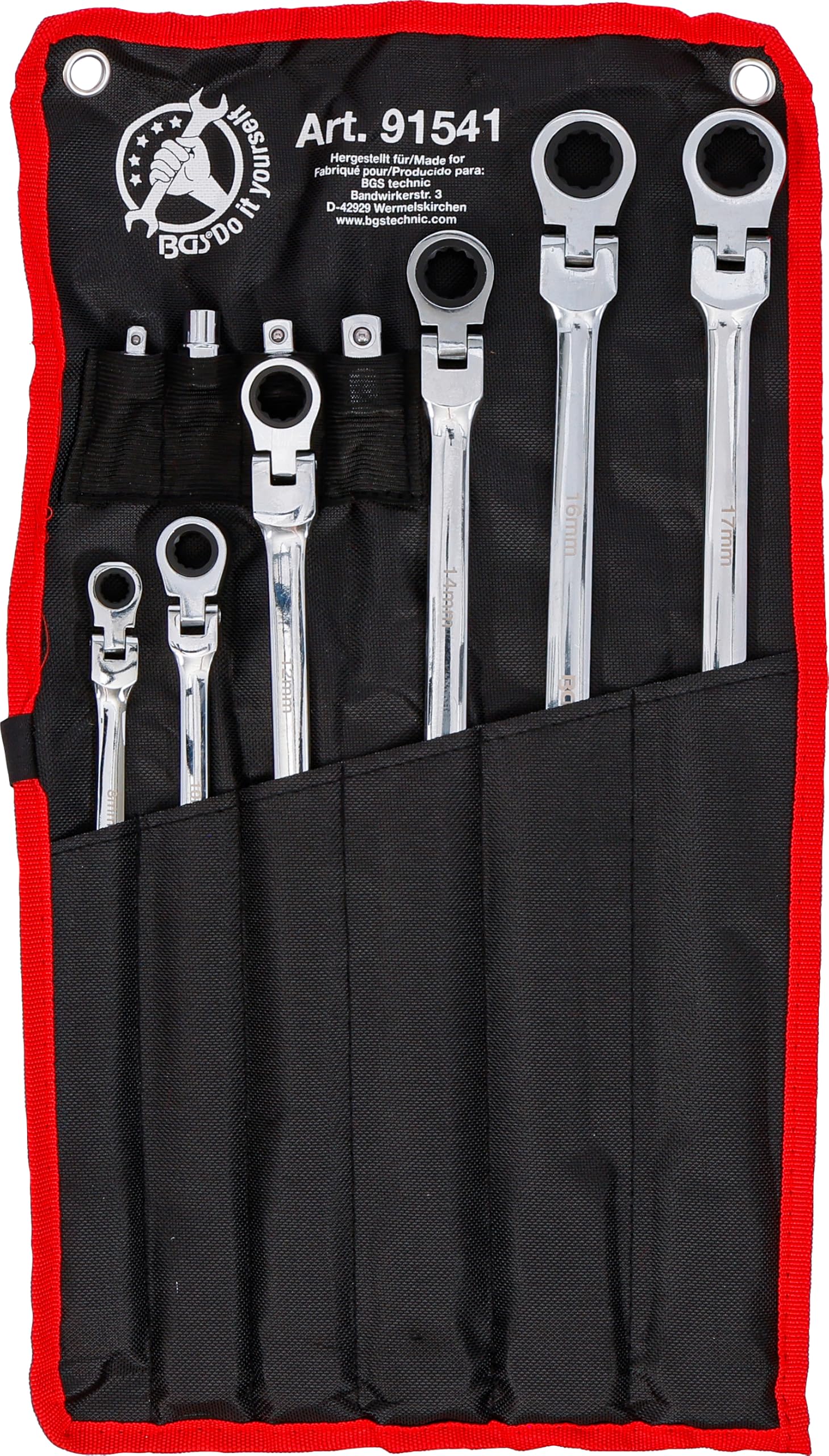 BGS Diy 91541 | Juego de llaves articuladas dobles con carraca | 8 - 19 mm | 10 piezas | Acero al cromo vanadio | 72 dientes | articulación 90° continua | adaptador para llaves de vaso | bolsa enrollable Tetron