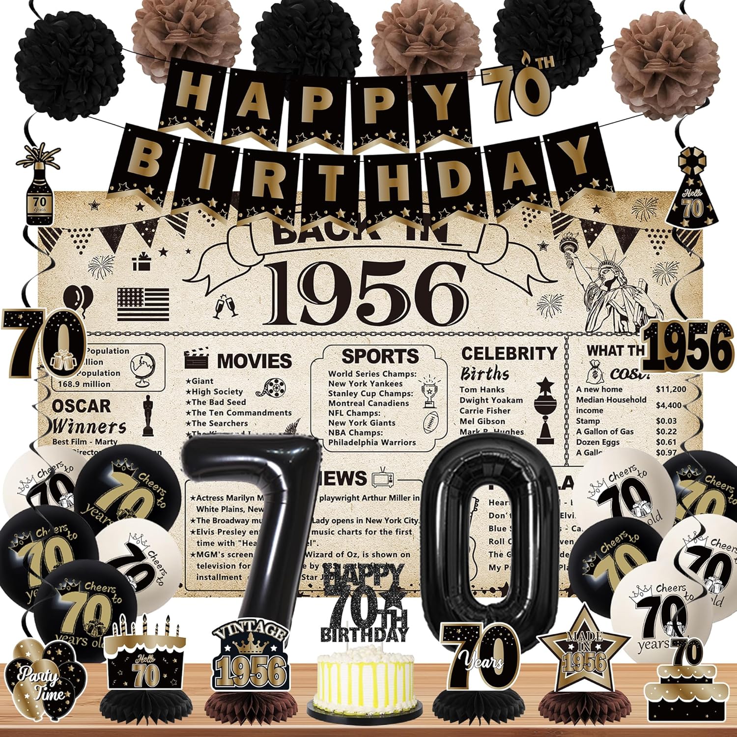 DARUNAXY 70th Birthday Party Decorations for Men Women, Vintage Back in 1956 Banner, Black 70 Number Balloons & Cake Topper, Vintage 1956 70 Birthday Honeycomb Hanging Swirl Confetti Balloons(30PC)