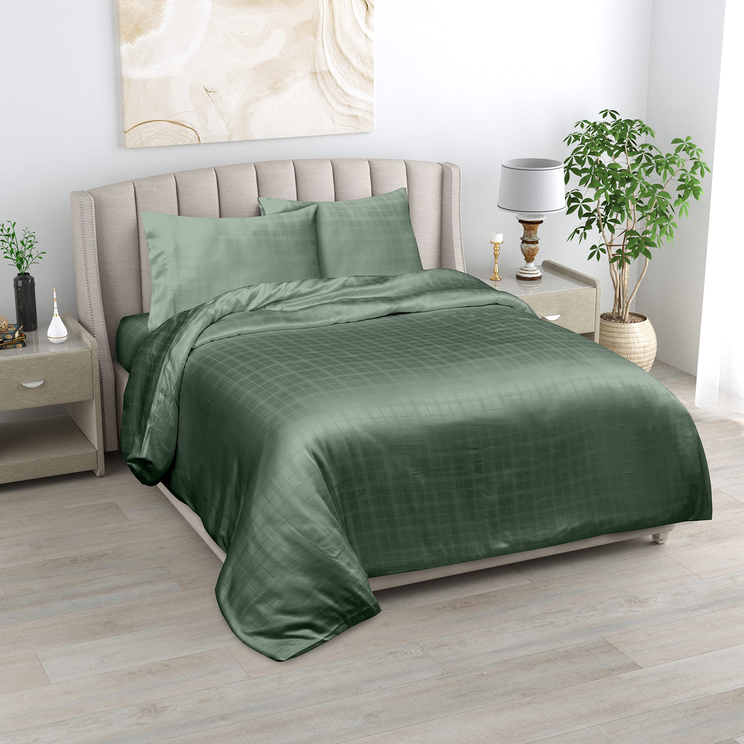 LINENWALAS Duvet Cover Set- 100% Organic Bamboo Silk Designer Checks 2 Piece Duvet Cover, 140x200 cm Comforter Cover, Soft, Cooling Duvet Cover Set with Zipper Closure (Avocado Green, Single) โ image 1