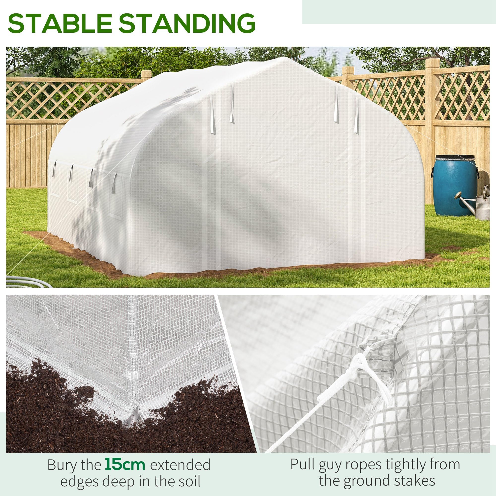 Outsunny Serre Tunnel de Jardin 12m² Serre de Jardin 395x300x200cm Blanc | avec Porte, 8 Fenêtres Moustiquaires, pour Légumes Fruits, Extérieur Toutes Saisons, Bâche PE Haute Densité 140g/m²