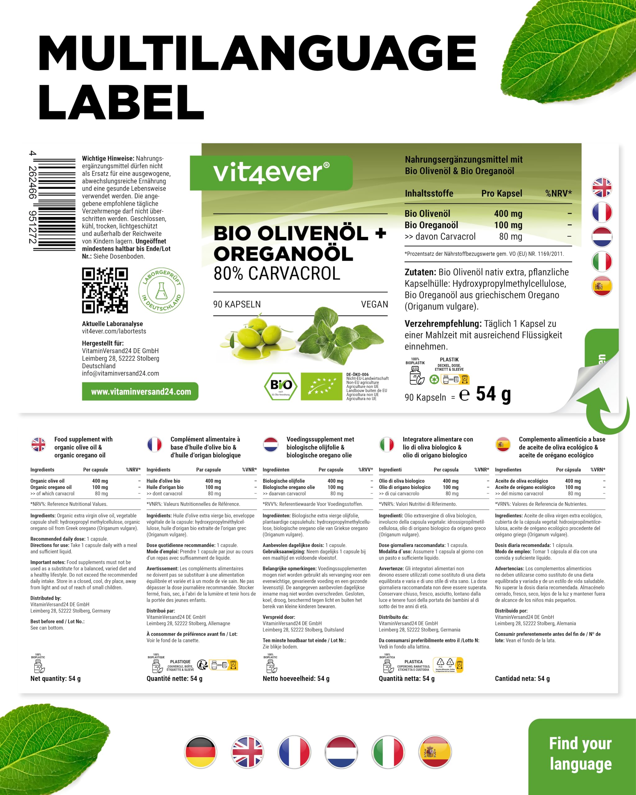 vit4ever Bio Oreganoöl Olivenöl - 90 Kapseln - Hochdosiert mit 80 mg Carvacrol pro Kapsel - griechisches Oreganoöl & natives Olivenöl aus kontrolliert biologischem Anbau - Vegan