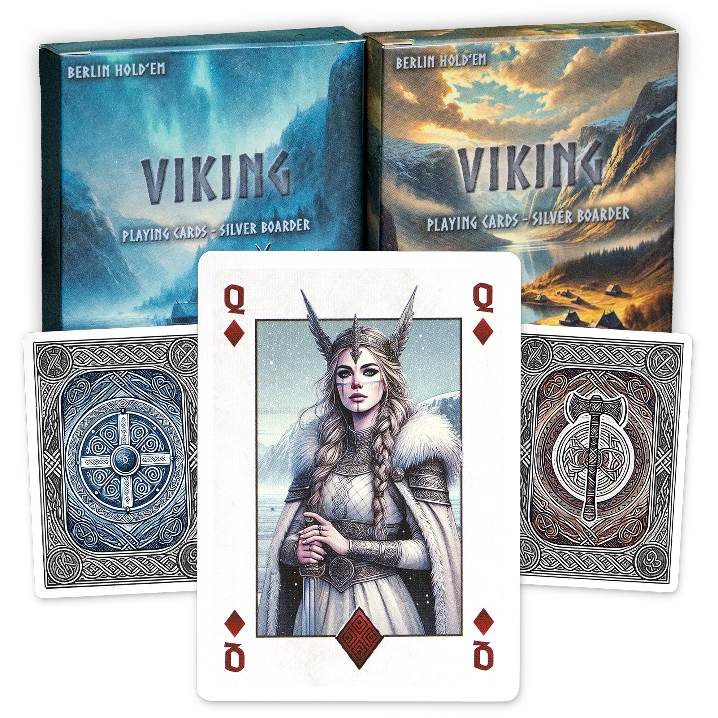 Berlin Hold'Em Viking Premium Poker Cards - Linen Finish - German Black Core - Casino Quality - 18+ Playing Cards Deck (Twin Pack Blue + Brown - Silver Cut)