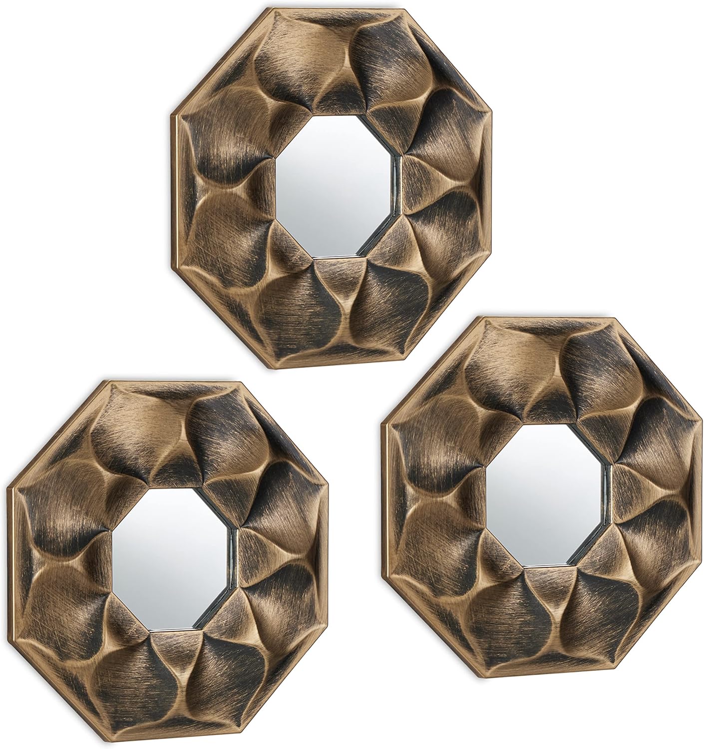 Relaxdays Set of 3 Flower Mirrors, Octagonal, Decorative, Ø 25 cm, Wall Mounted, Plastic Frame, Lounge & Hallway, Gold, Glass