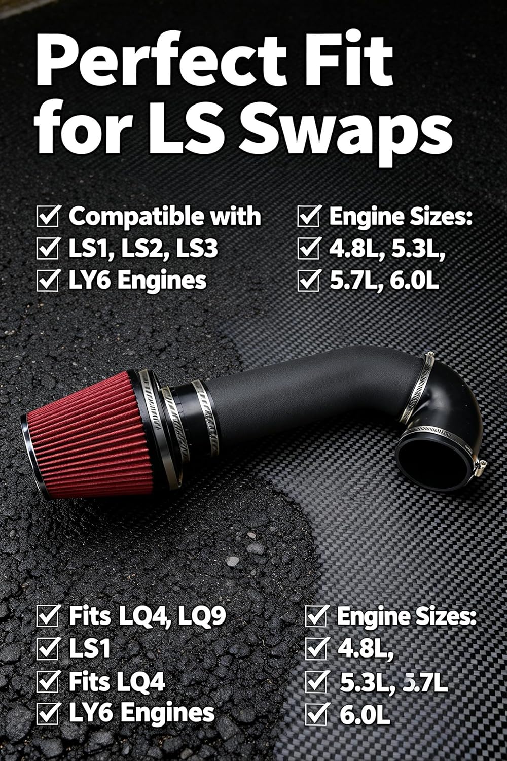 Flecto 4" LS Swap Cold Air Intake Kit, Max Clearance Design Compatible with LS1 LS2 LS3 LSX LQ4 LQ9 4.8L 5.3L 6.0L Restomods, Compatible with Chevelle, Camaro, G-Body