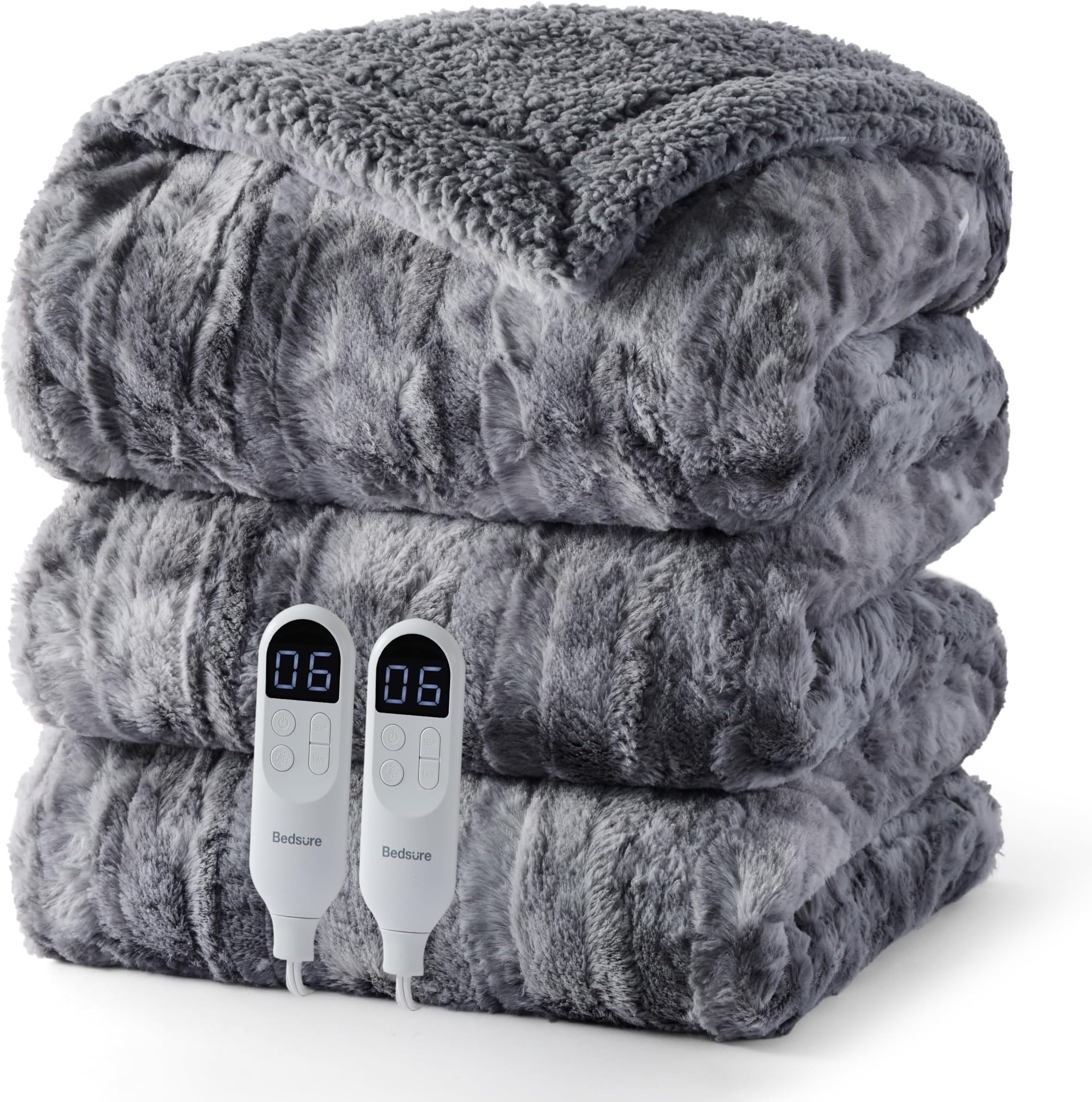 Bedsure Faux Fur Tie-Dye Heated Blanket Queen Size with Dual Control, Grey
