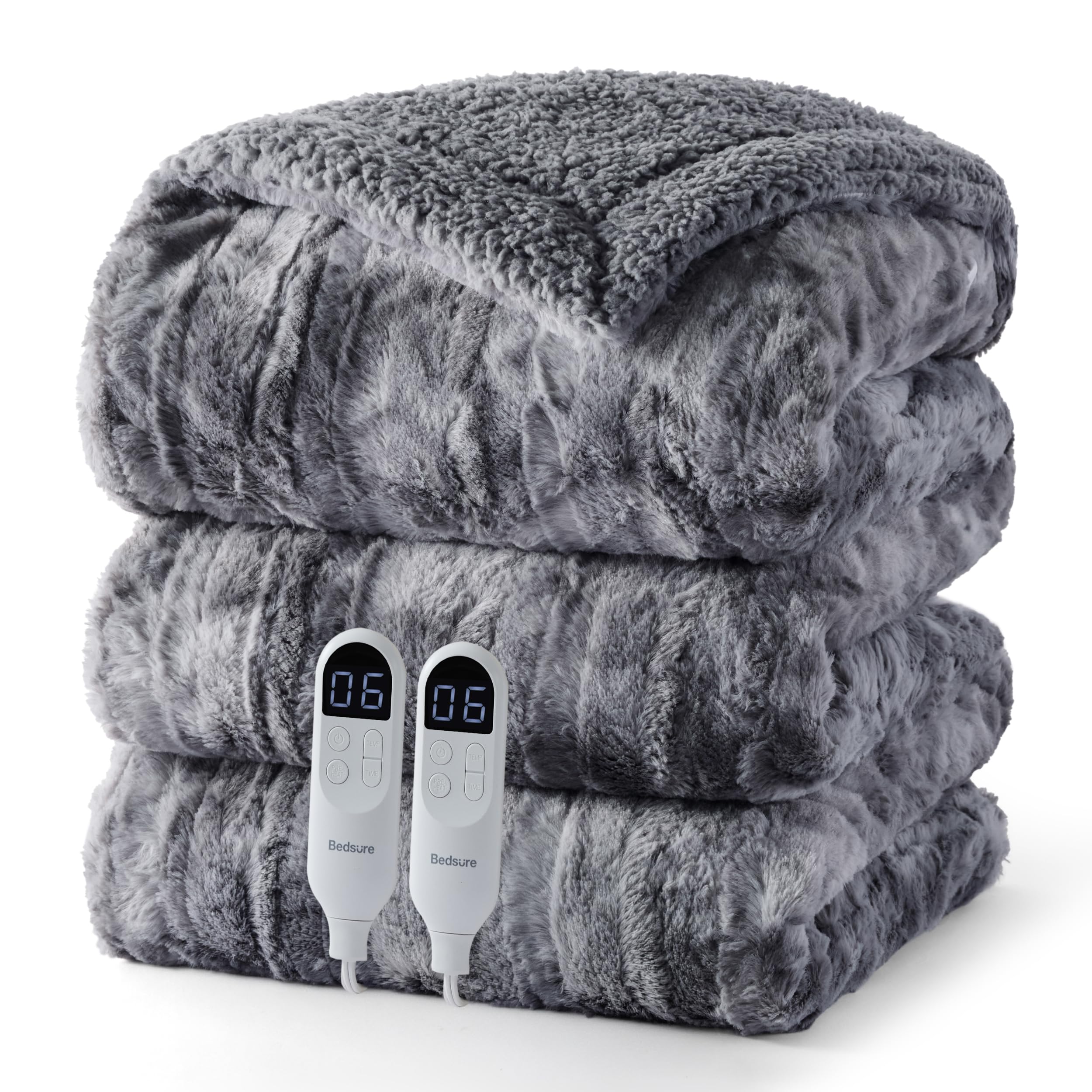 Bedsure Faux Fur Tie-Dye Heated Blanket Queen Size with Dual Control, Grey