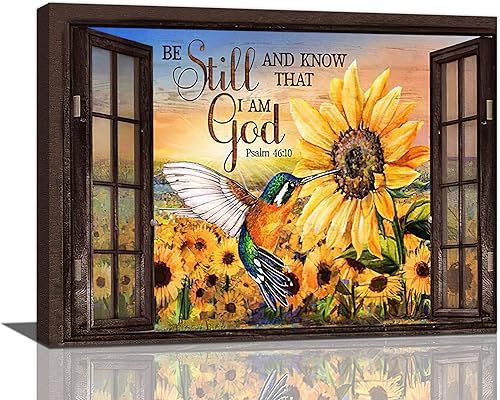 Arte de pared de girasol de granja, ventana, colibrí cristiano, versículos bíblicos, decoración de pared, citas de las escrituras, lienzo, pintura