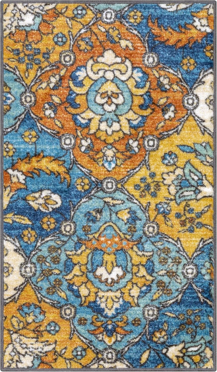 Maples Rugs Sutton Oriental Area Rugs – Made in USA – Washable, Non Slip Indoor Carpet for Entryway, Foyer, Kitchen, and Bathroom, 20" x 34", Blue/Orange