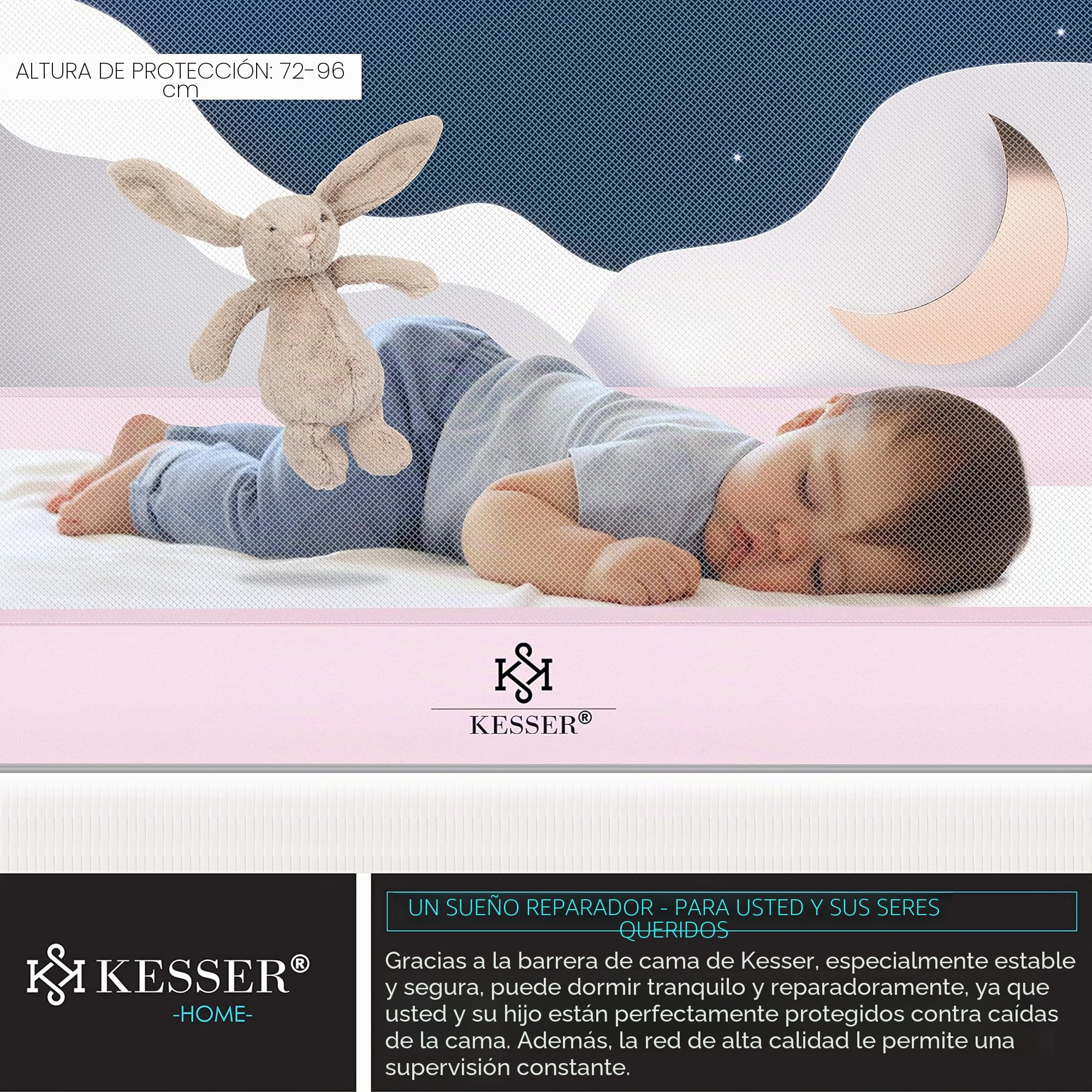 KESSER® Barrera de Cama de 180cm, para niños, Plegable, para Cuna, Cama Infantil, Protección contra Caídas, Cama y Cama con somier Alto: 72 hasta 96 cm, Rosa
