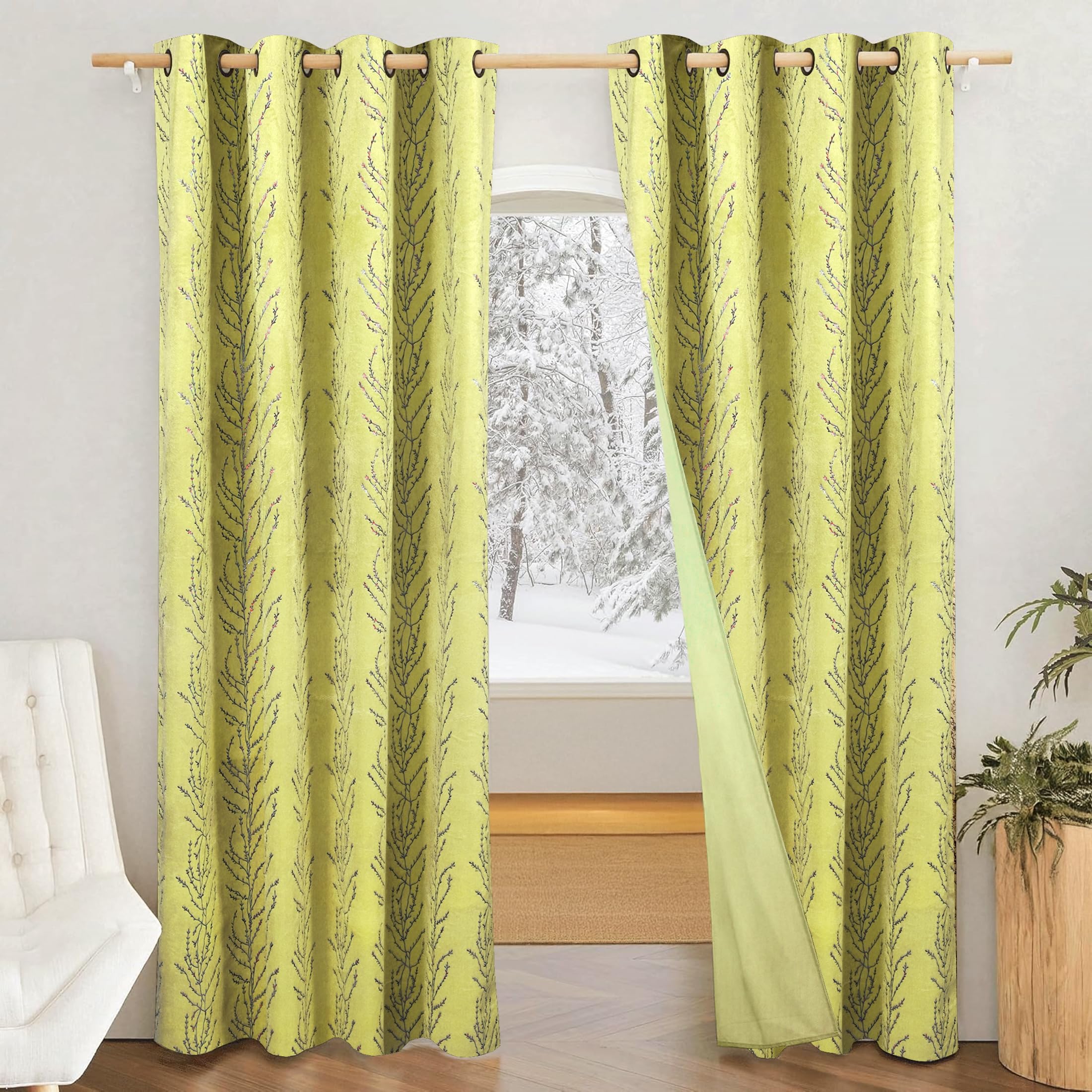 Amazon Brand - Solimo Polyester Floral Damask Print Long Grommet Door Semi Sheer Curtain (Green,9 Feet -270 Cm)- Pack of 2 Regular Print 135 GSM