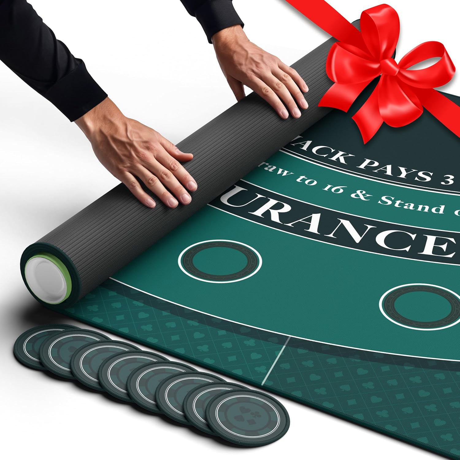 Newverest Blackjack Mat 70" x 35", Blackjack Table Top for Home Game Nights with Friends | Black Jack Casino Table Topper, Poker Mat Layout in Zipper Storage Bag with 8 Coasters in Gift-Ready Box Traditional Green