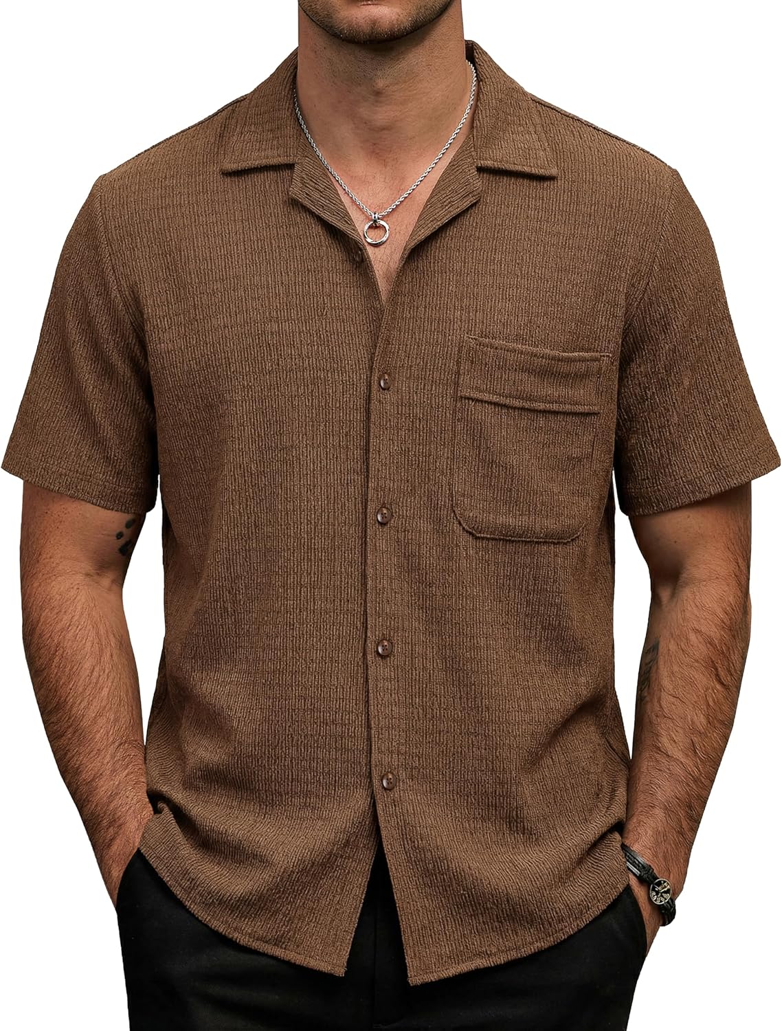Mens Casual Button Down Short Sleeve Shirt Textured Vacation Summer Beach Hawaiian Shirts with Pocket