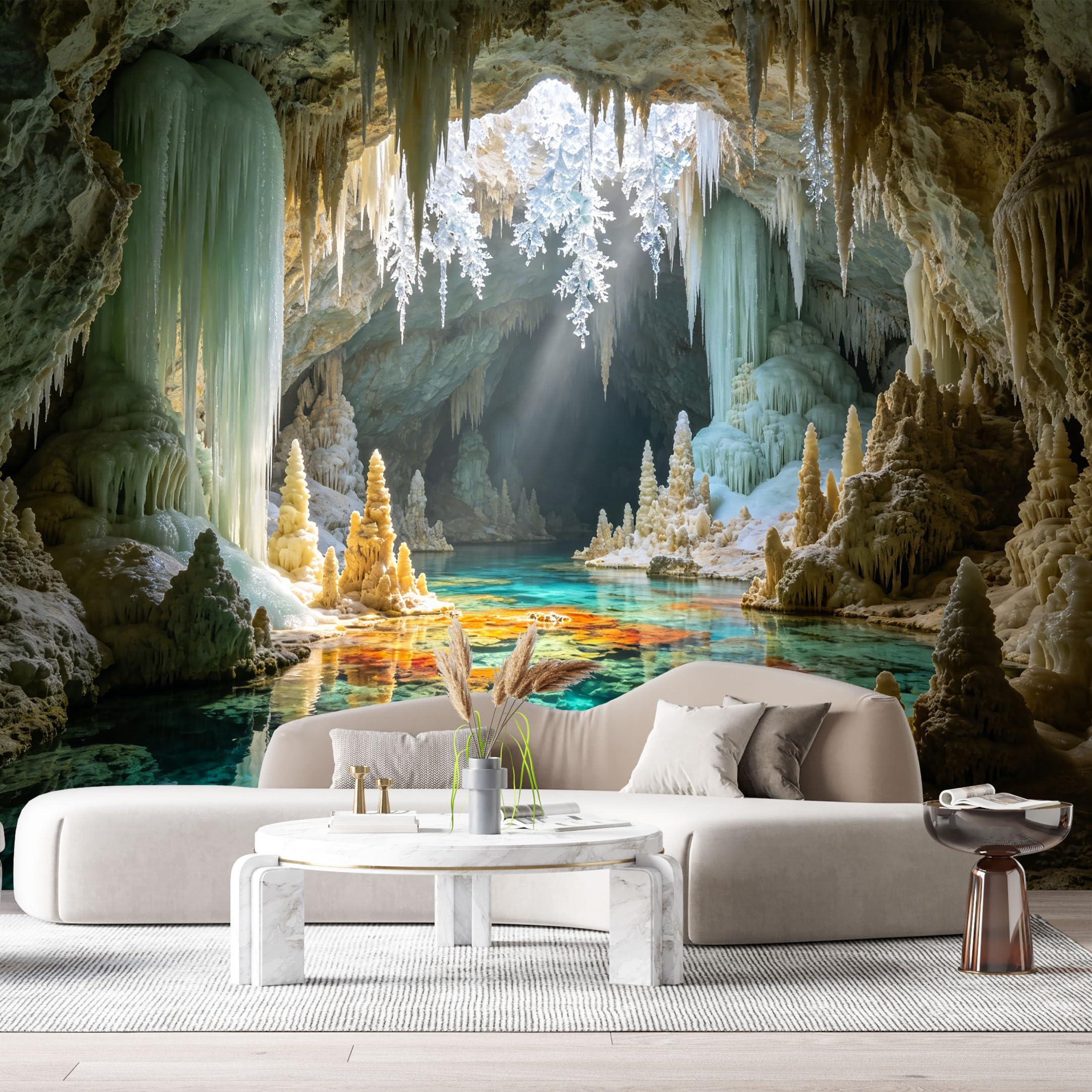 Custom Size Wall Murals Ice Cave Landscape 3D Trompe L'Oeil Stalactite Stalagmite Underground Lake SelfAdhesive Wall Fabric Removable Large Wallpaper Photo for Living Room