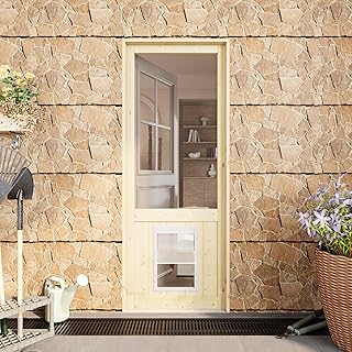 Front Pet Screen Door for Exterior/Interior,32 x 80 Inch Solid Pine Wooden with Built-in Dog Door，Universal Mesh for Home Pantry Patio Pocket Laundry，Only Screen Doors Slab