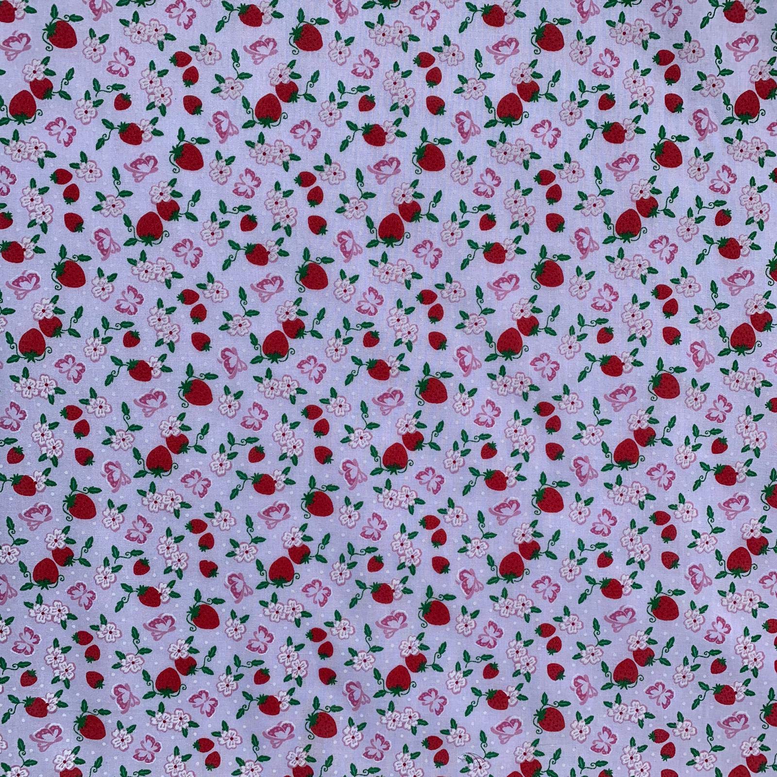 Strawberry Design Novelty Poly Cotton Printed Dress Craft Fancy Dress Fabric Material | 45" - 112 cm | Sold Per Half Metre (White)
