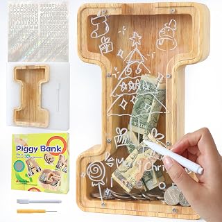 Large Letter Piggy Bank for Kids Boys Girls Wooden Personalized Piggy Banks A-Z with Target Area Clear Alphabet Banknote Coin Banks for Gift Decoration Baptism (I)