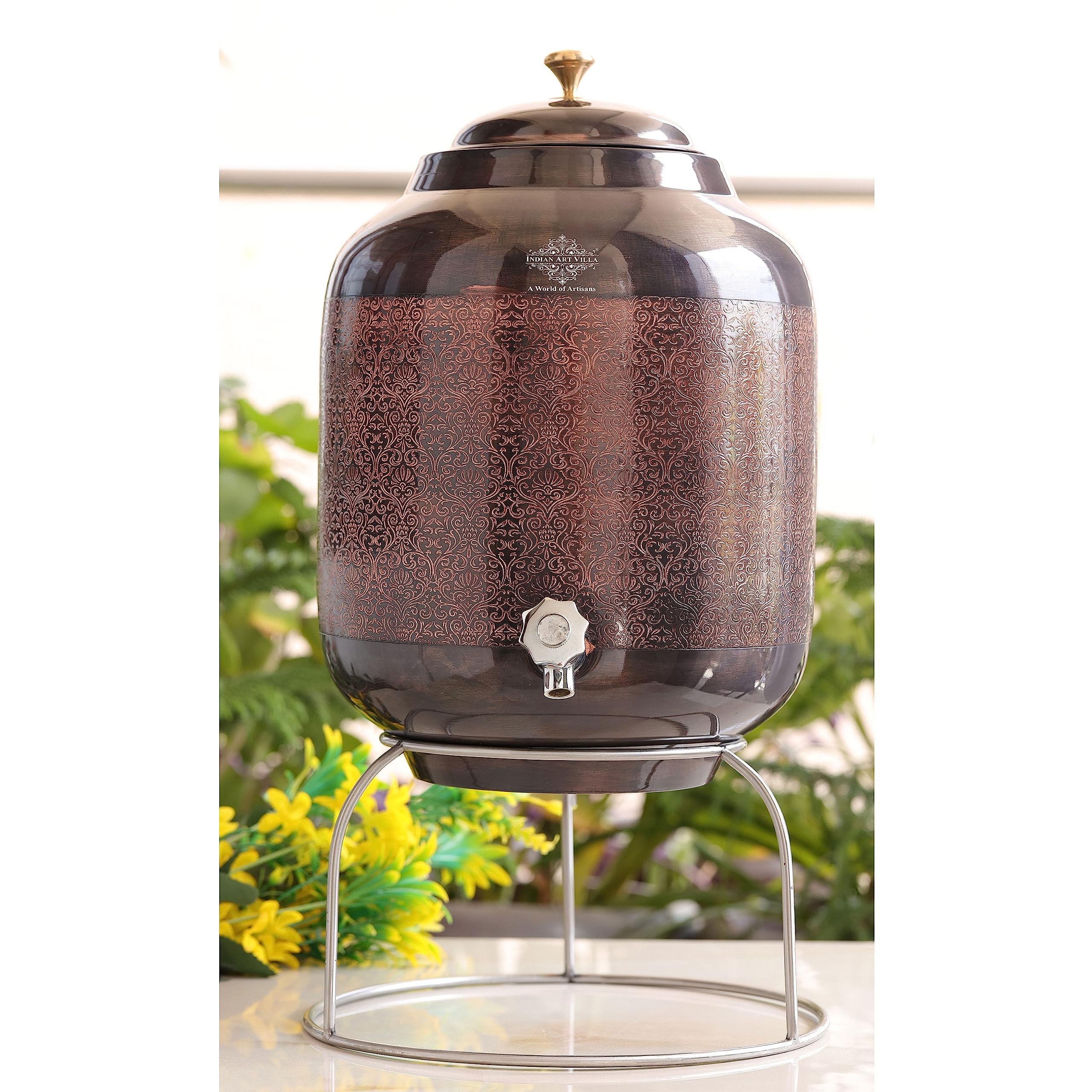 Indian Art Villa Pure Copper Anti Tarnish Antique Finish Embossed Design Water Pot Dispenser Container With Brass Knob, Tab And Stand, Storage & Serving Water, Volume- 406 Oz
