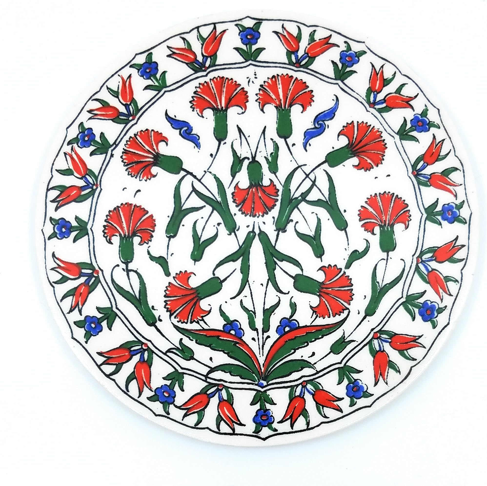 Handmade Turkish Ceramic Pottery Round Tile Trivet (Red Floral)
