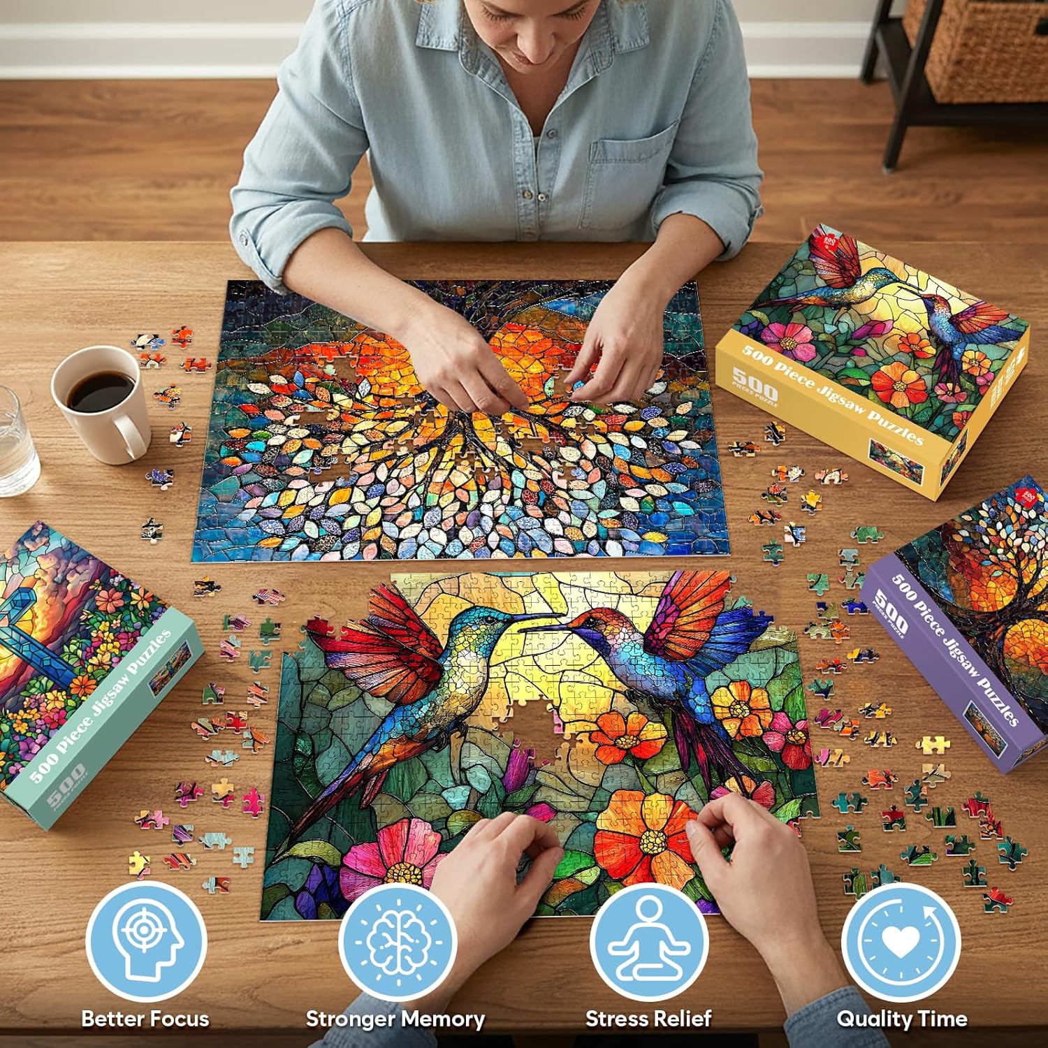 3 Pack 500 Piece Puzzle for Adults, Stained GlassTree of Life Puzzles 500 Pieces for Adults, Hummingbird Puzzles for Seniors, Colorful Mosaic Flower Jigsaw Puzzle Game Night Gift 20.5x15 in