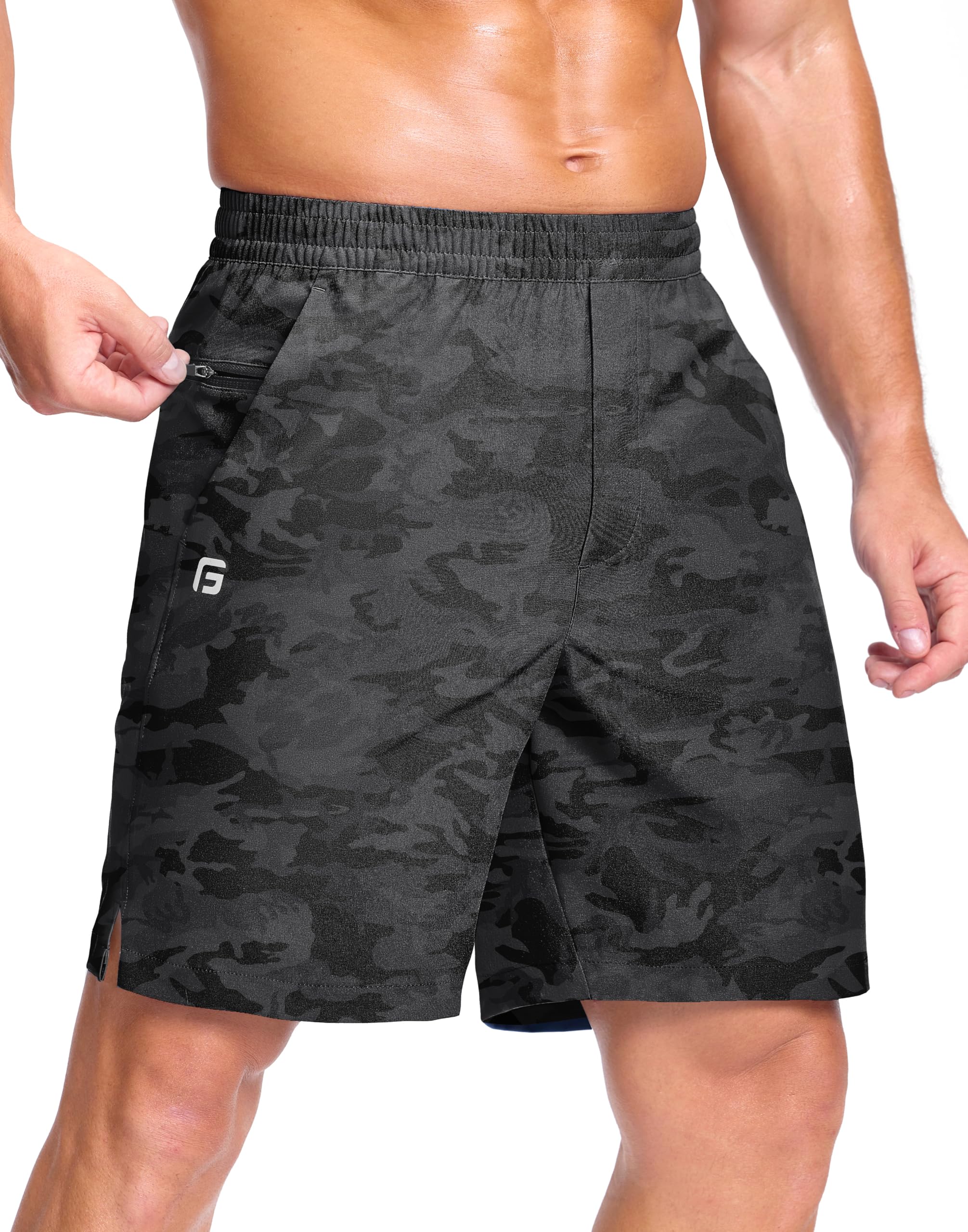 GGJ Men's Lightweight Athletic Shorts with 2 Zipper Pockets 7"/9"/5" Gym Workout Running Quick Dry Tennis Shorts for Men