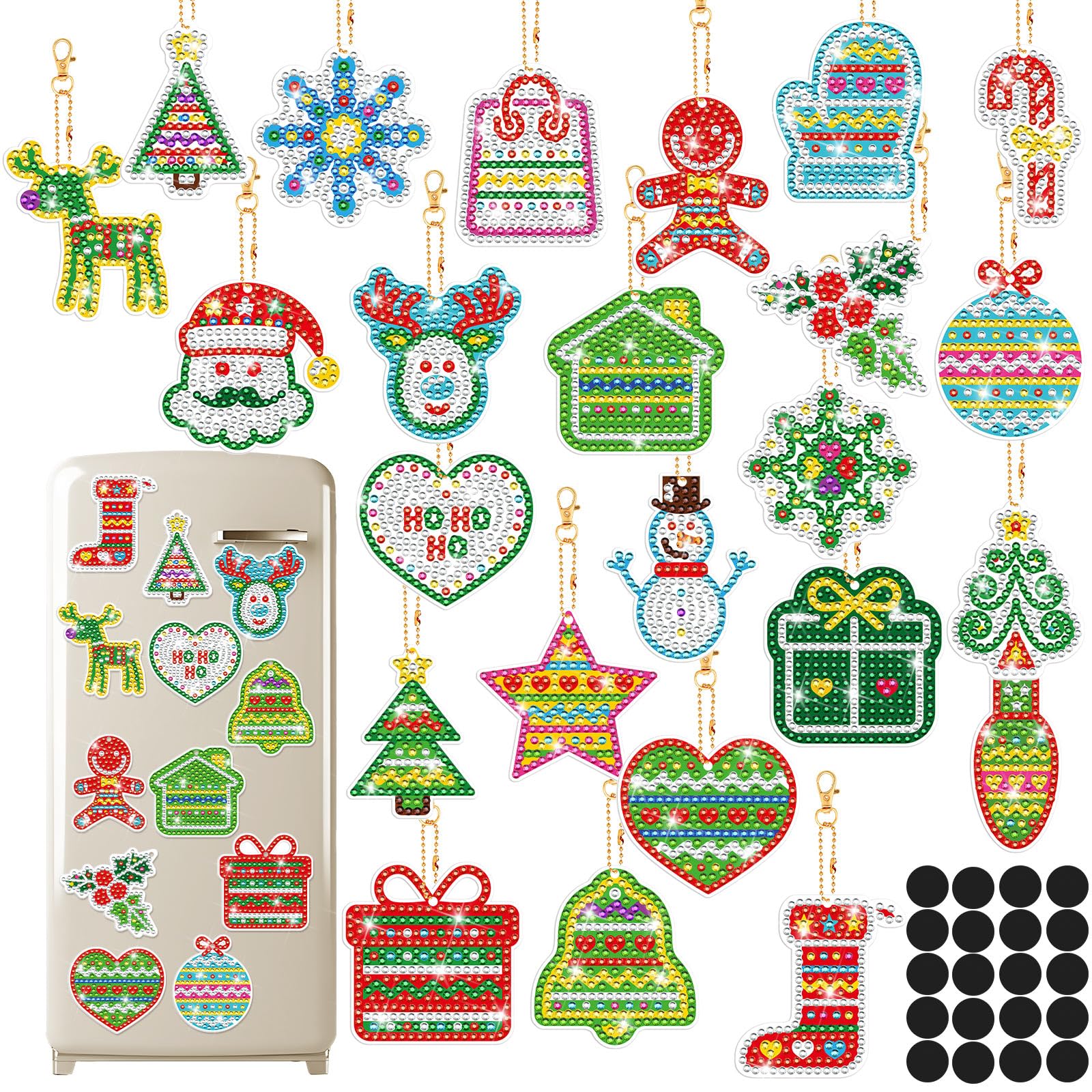 Copkim 24 Pcs Christmas Diamond Painting Magnets for Refrigerator DIY Christmas Crafts for Kids 5D Diamond Painting Keychain Christmas Ornaments for Adults Kids Crafts Home Decor