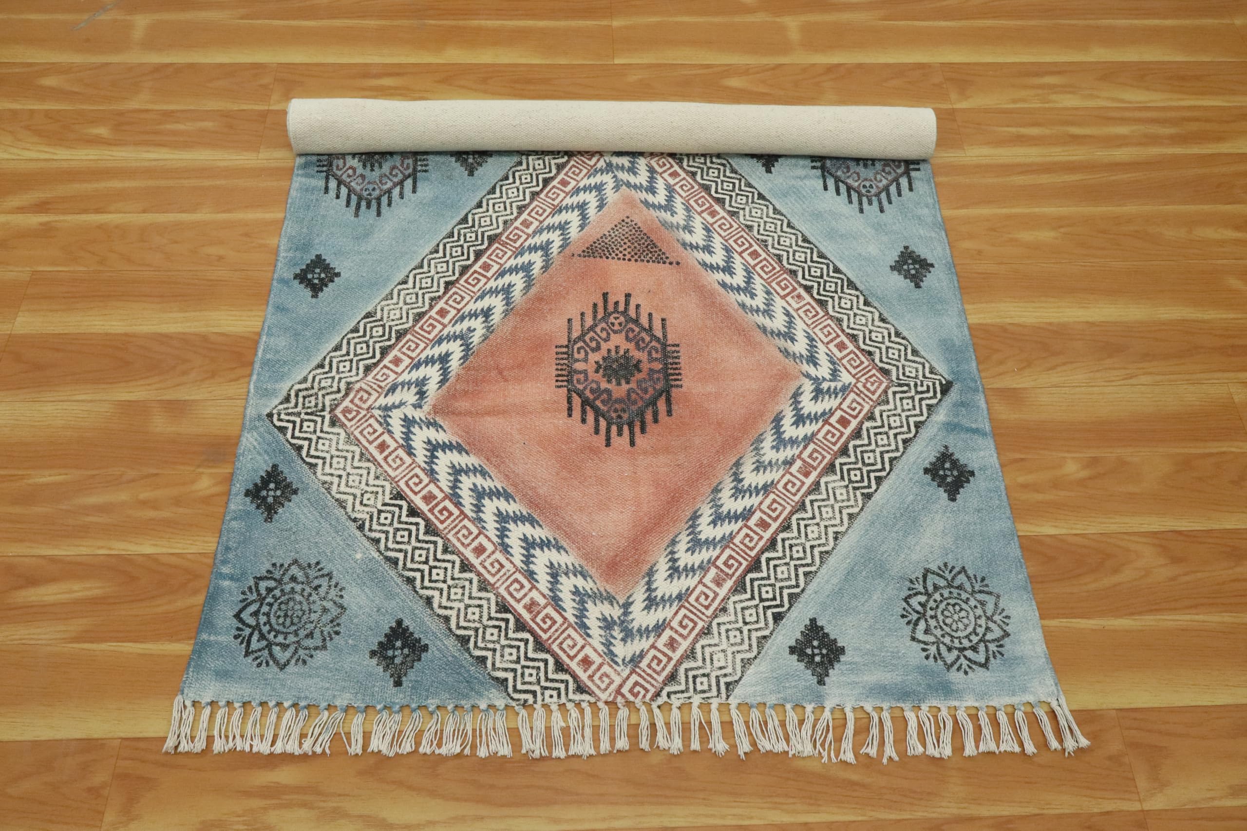 Kelim Läufer, 6,6 x 50,8 cm, handbedruckter Baumwoll-Läufer, für drinnen und draußen, waschbar, dick, 0,5 cm, Handwäsche, Schwarz und mehrfarbig, Flachgewebe, Teppiche für Flur,