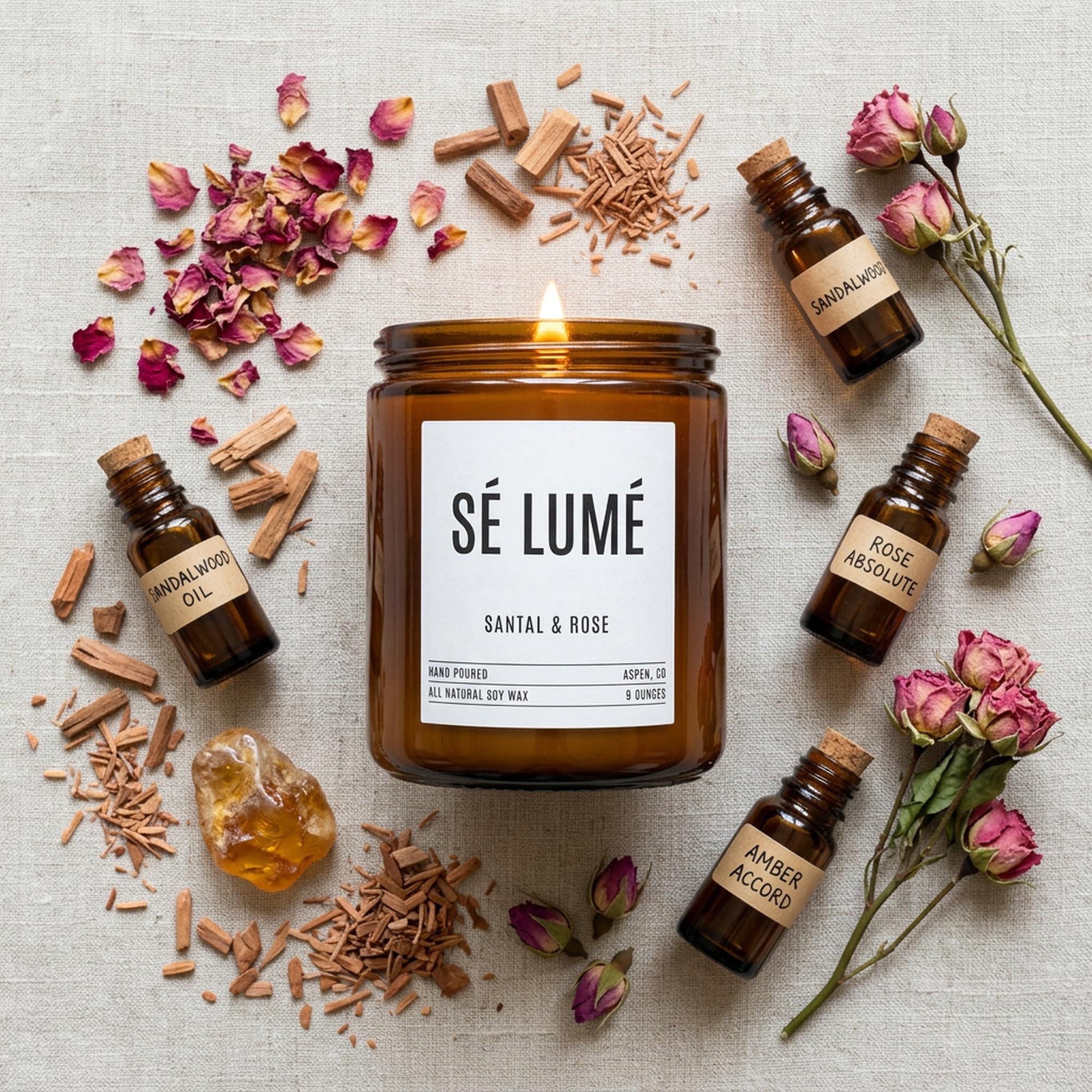 Santal & Pine Candela profumata | Candela di lusso per aromaterapia in cera di soia, legno di sandalo, cedro e ambra, combustione pulita, 40-50 ore, realizzata a mano, candela regalo