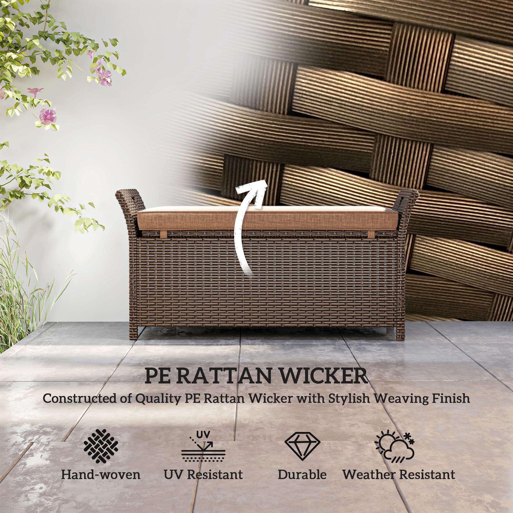 Outsunny 2-In-1 Patio Wicker Storage Bench, 29 Gallon Outdoor PE Rattan Patio Furniture, Large Capacity Rectangle Basket Box with Handles and Cushion, Tan - 3