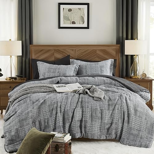 MaiRêve Charcoal Grey Queen Comforter Set, Textured Design Grey Crinkle