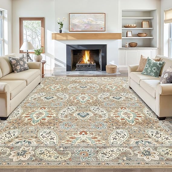 Tortania Area Rug Living Room Rugs - 10x14 Washable Boho Rug Vintage Oriental Distressed Farmhouse Large Thin Indoor Carpet for Living Room Bedroom Under Dining Table Home Office - Paisley Brown