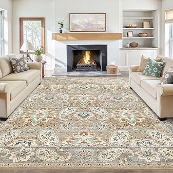 Tortania Area Rug Living Room Rugs - 10x14 Washable Boho Rug Vintage Oriental Distressed Farmhouse Large Thin Indoor Carpet for Living Room Bedroom Under Dining Table Home Office - Paisley Brown