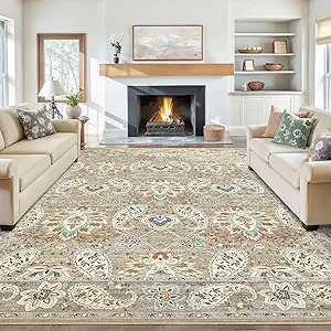 Tortania Area Rug Living Room Rugs - 10x14 Washable Boho Rug Vintage Oriental Distressed Farmhouse Large Thin Indoor Carpet for Living Room Bedroom Under Dining Table Home Office - Paisley Brown
