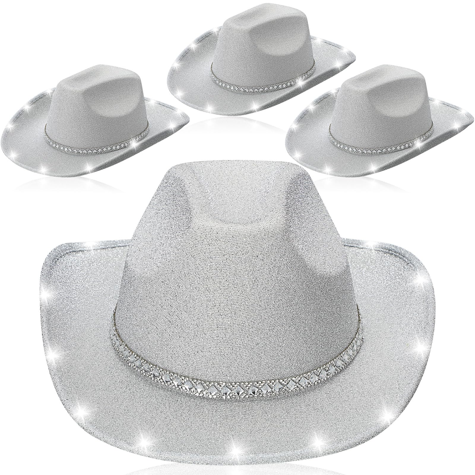 Tisancy 4 Pcs Light up Hat Cowboy Rhinestone Cowboy Hat, LED Flashing Rhinestone Cowgirl Hat for Western Bachelorette Wedding (White Glitter Style)