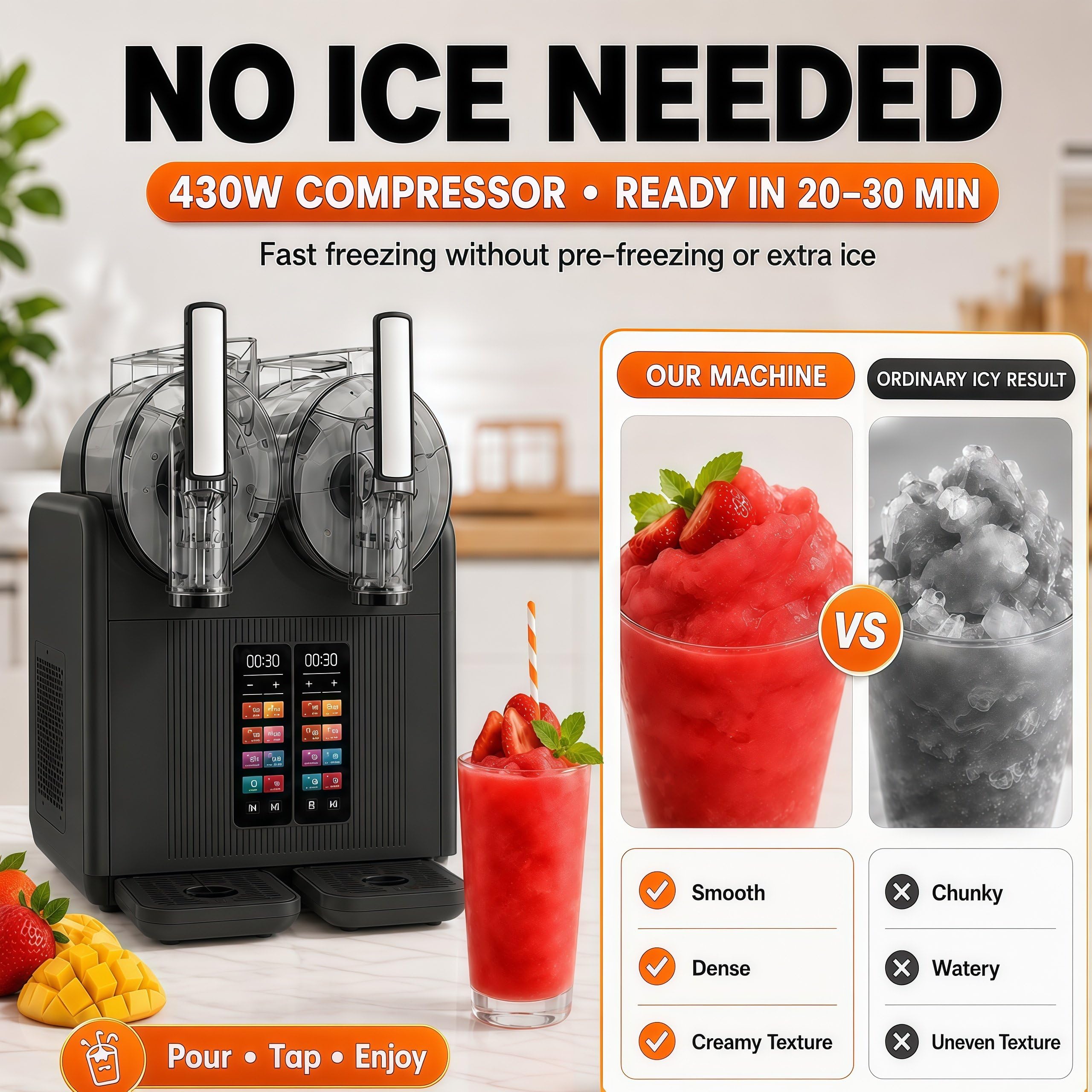Máquina de Helado Soft y Granizadora Profesional 2 en 1, Máquina de Granizados de 2 Tanques Transparentes con Panel Táctil, Dispensador de Sorbete y Smoothie para Casa y Cafetería Black