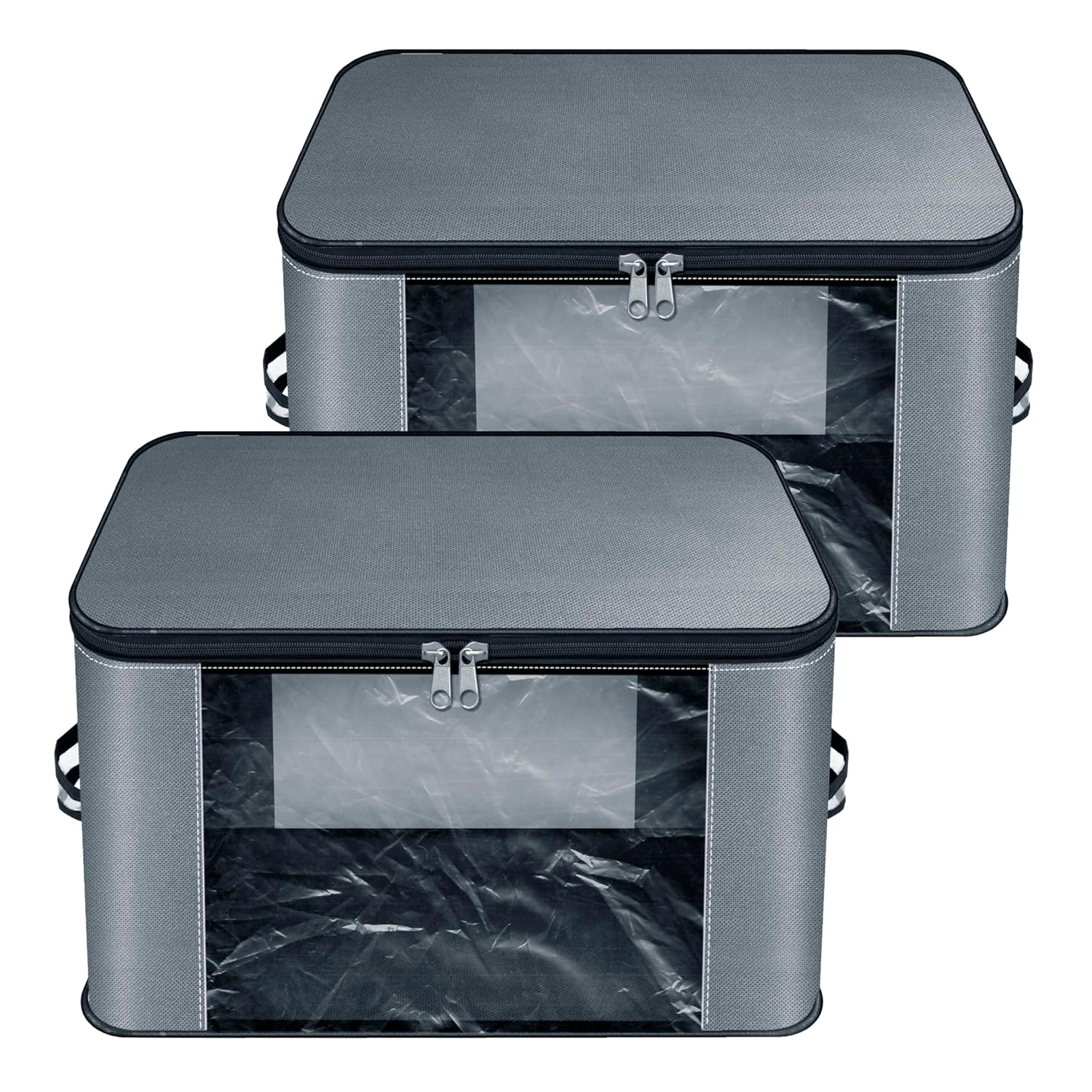 Storite Nylon Wardrobe Bag Underbed Moisture Proof Cloth Storage Organizer, Storage box for Clothes Saree Bags with Zippered Closure & Handle (Grey with Trans Pocket, 2 Pack)