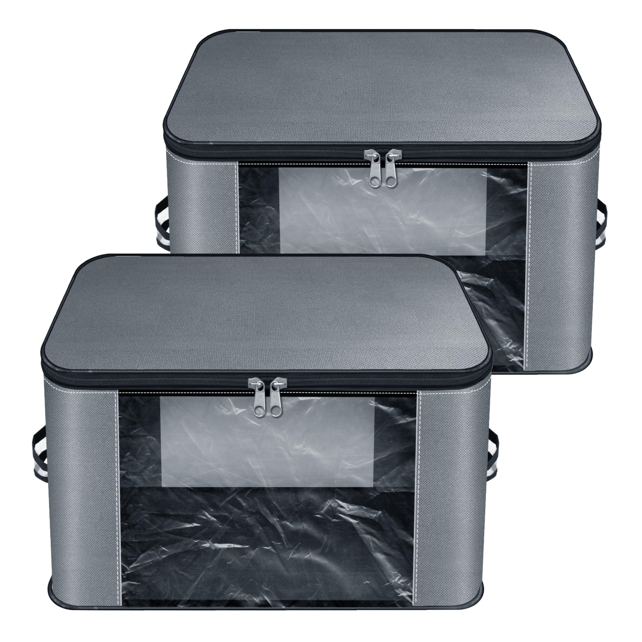 Storite 2 Pack Nylon Wardrobe Bag Underbed Moisture Proof Cloth Storage Organizer, Storage box for Clothes Saree Bags with Zippered Closure & Handle Square (37 x 35 x 23 cm) - Grey with Trans Pocket-image-48