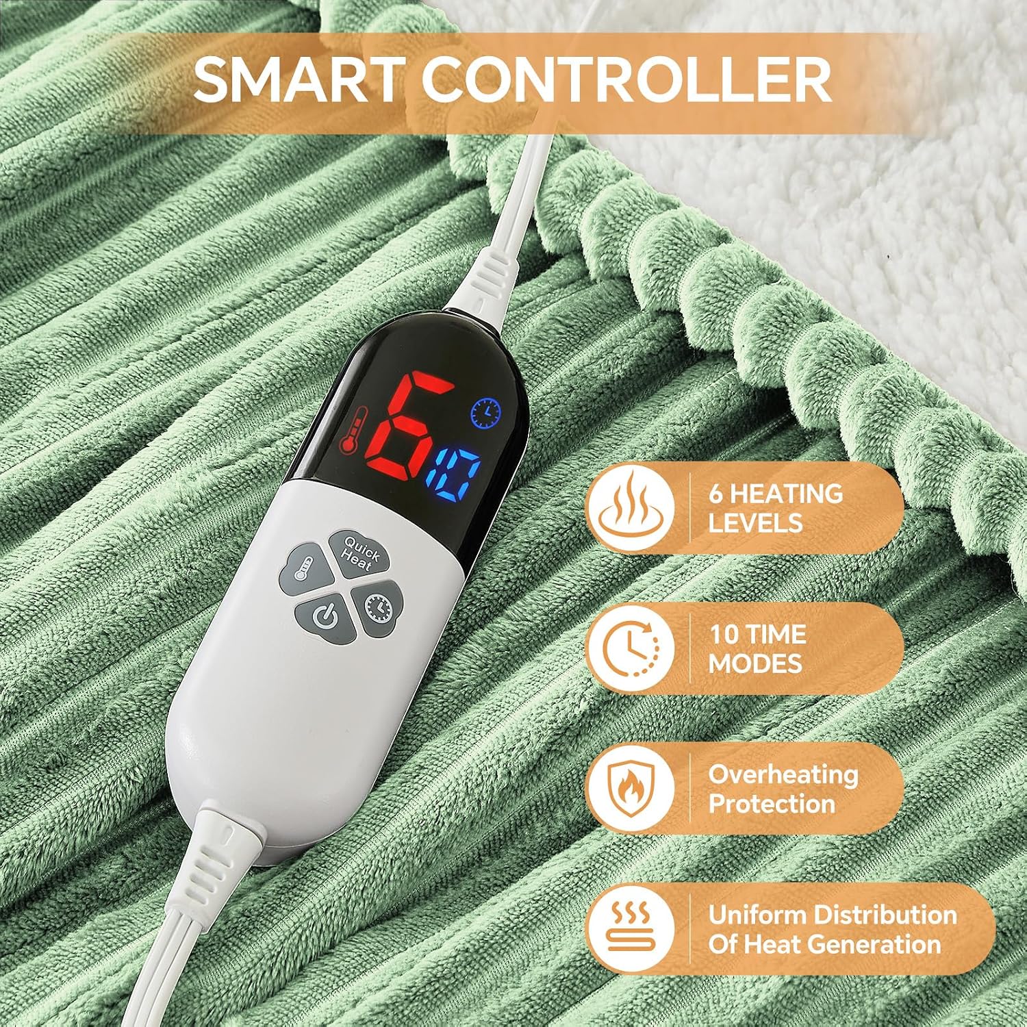 Green Heated Blanket, Electric Blanket Full, Preheat Function