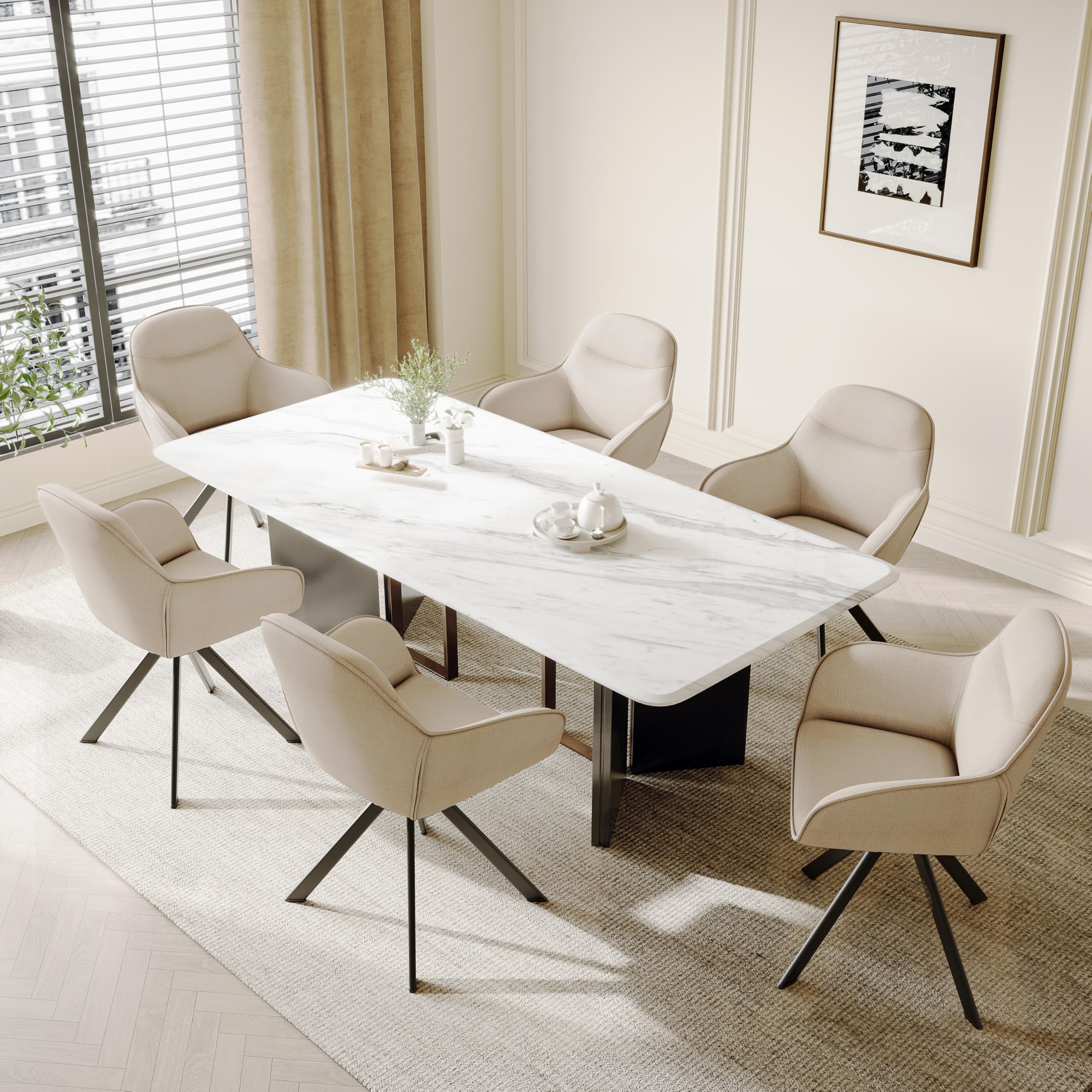 Lot de 6 Chaises Pivotante 360°, Chaises Beige Salle à Manger avec Accoudoirs, Chaises Fauteuil Rembourrées en Lin avec Pieds en Métal pour Cuisine Salon
