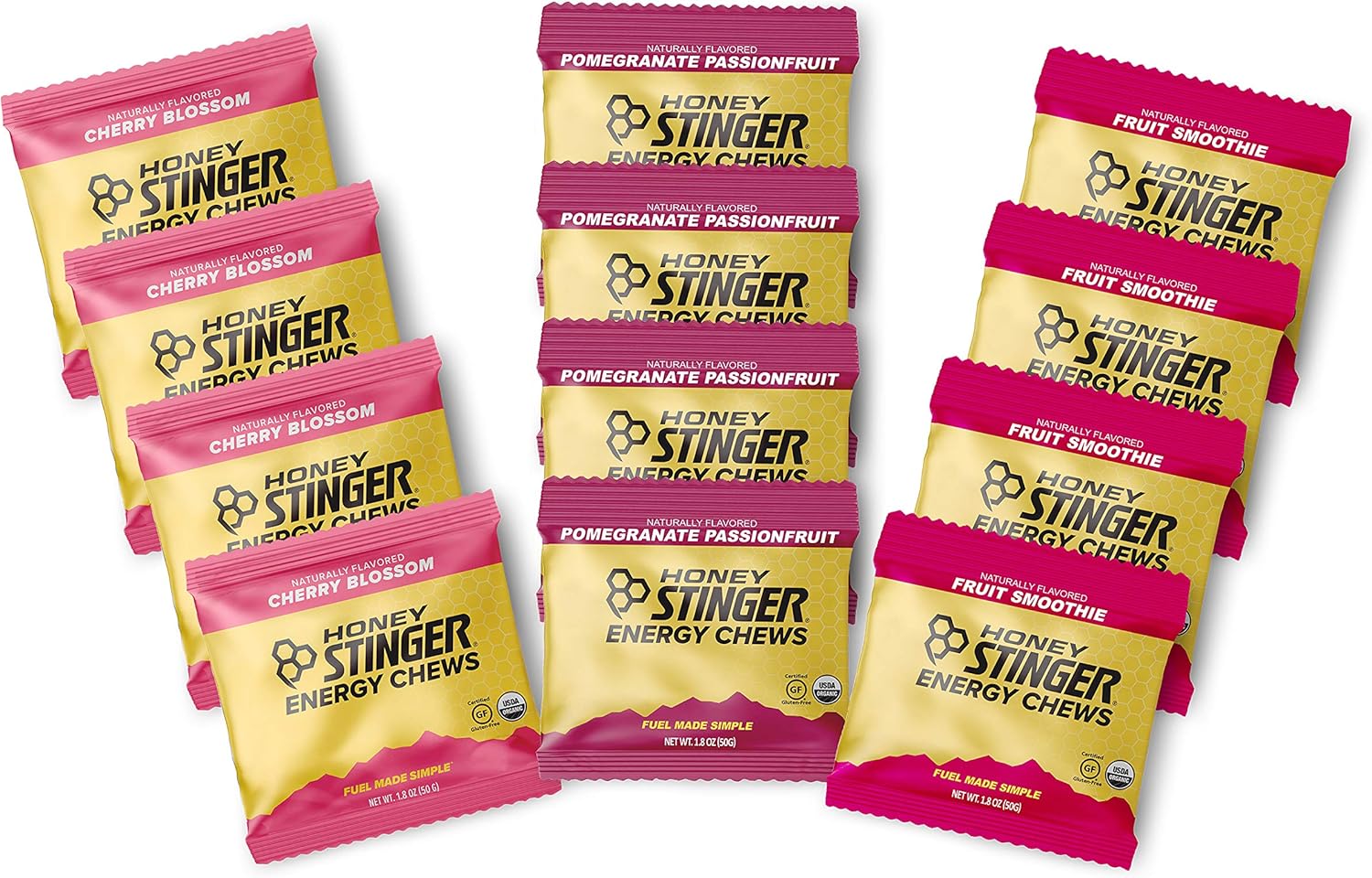 Honey Stinger Organic Energy Chews – Variety Pack – 12 Count – 4 of Each Flavor – Chewy Gummy Energy Source for Any Activity – Cherry Blossom, Fruit Smoothie & Pomegranate Passionfruit – Plus Sticker : Health & Household