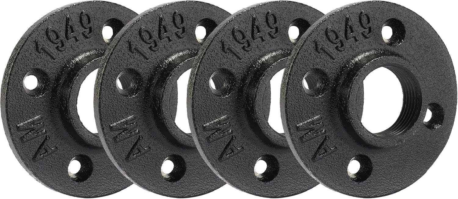 3/4" Heavy Duty Black Floor Flange, Home TZH 4 Pack Malleable iron Pipe Flange for Industrial vintage style, Flanges with Threaded Hole for DIY Project/Furniture/Shelving Decoration(3/4", 4)