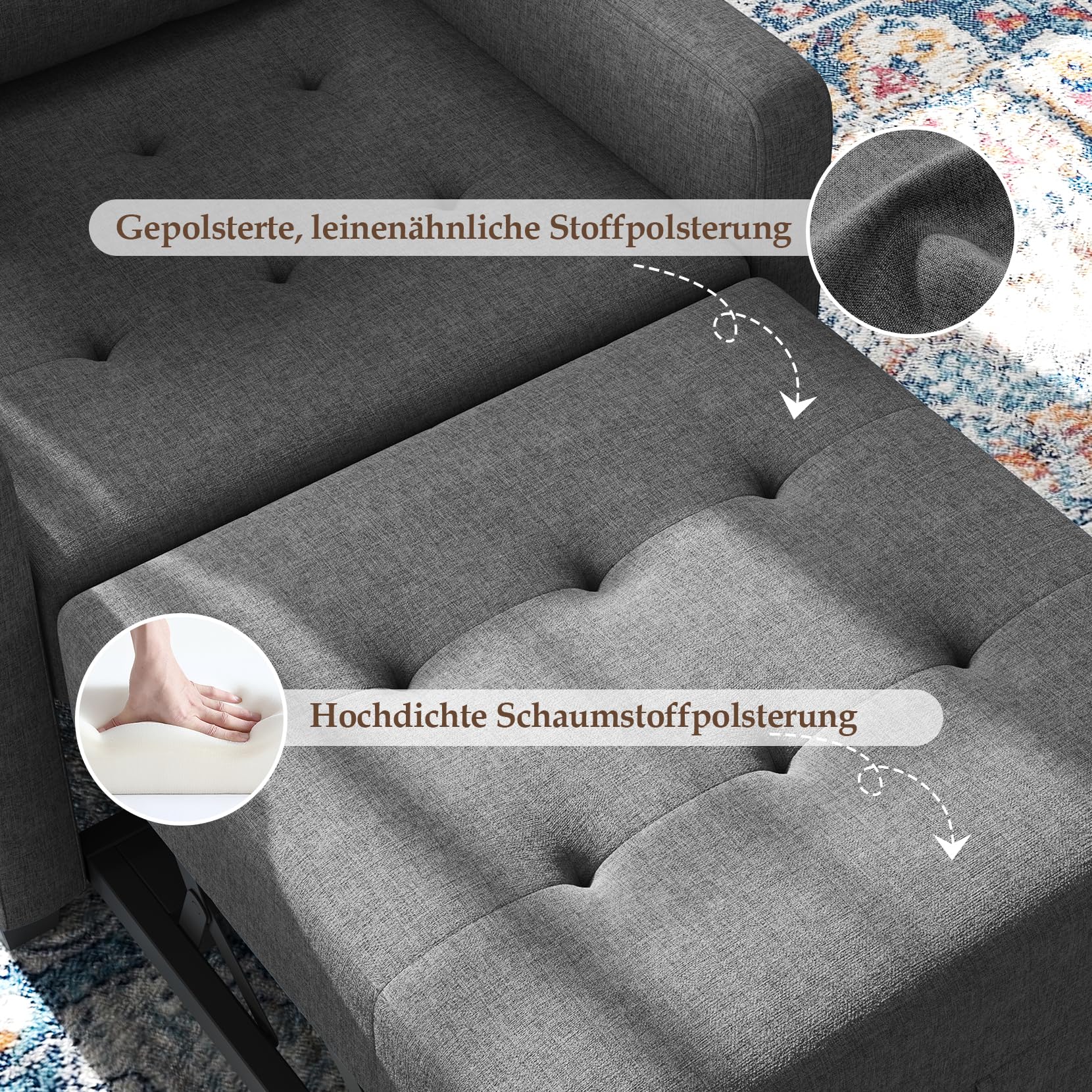 Vesgantti Schlafsessel mit Bettfunktion 3-in-1 Ausziehbares Schlafsofa Umwandelbarer Stuhl Bett Verstellbarer Einzelsessel mit Seitentasche, für kleinen Raum, Dunkelgrau