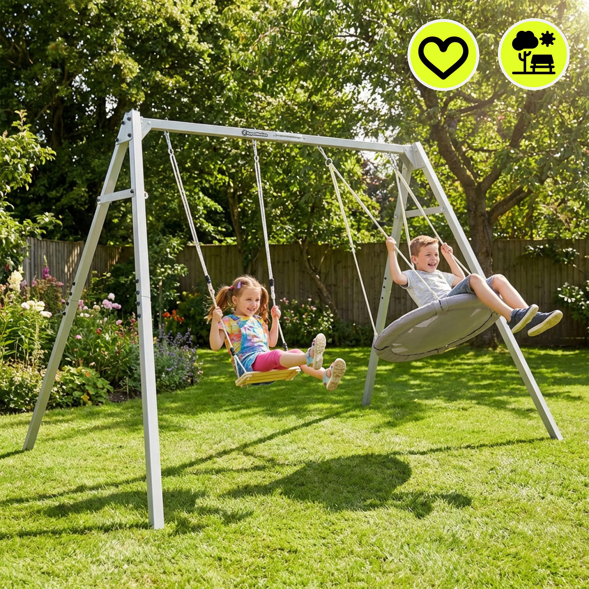 HyperMotion 4-in-1 Gartenschaukel Set aus Legiertem Stahl und Polyester, Pulverbeschichtet in Grau, mit Hängematte, Schaukelsitz und Vogelnest, 310 × 180 × 192 cm