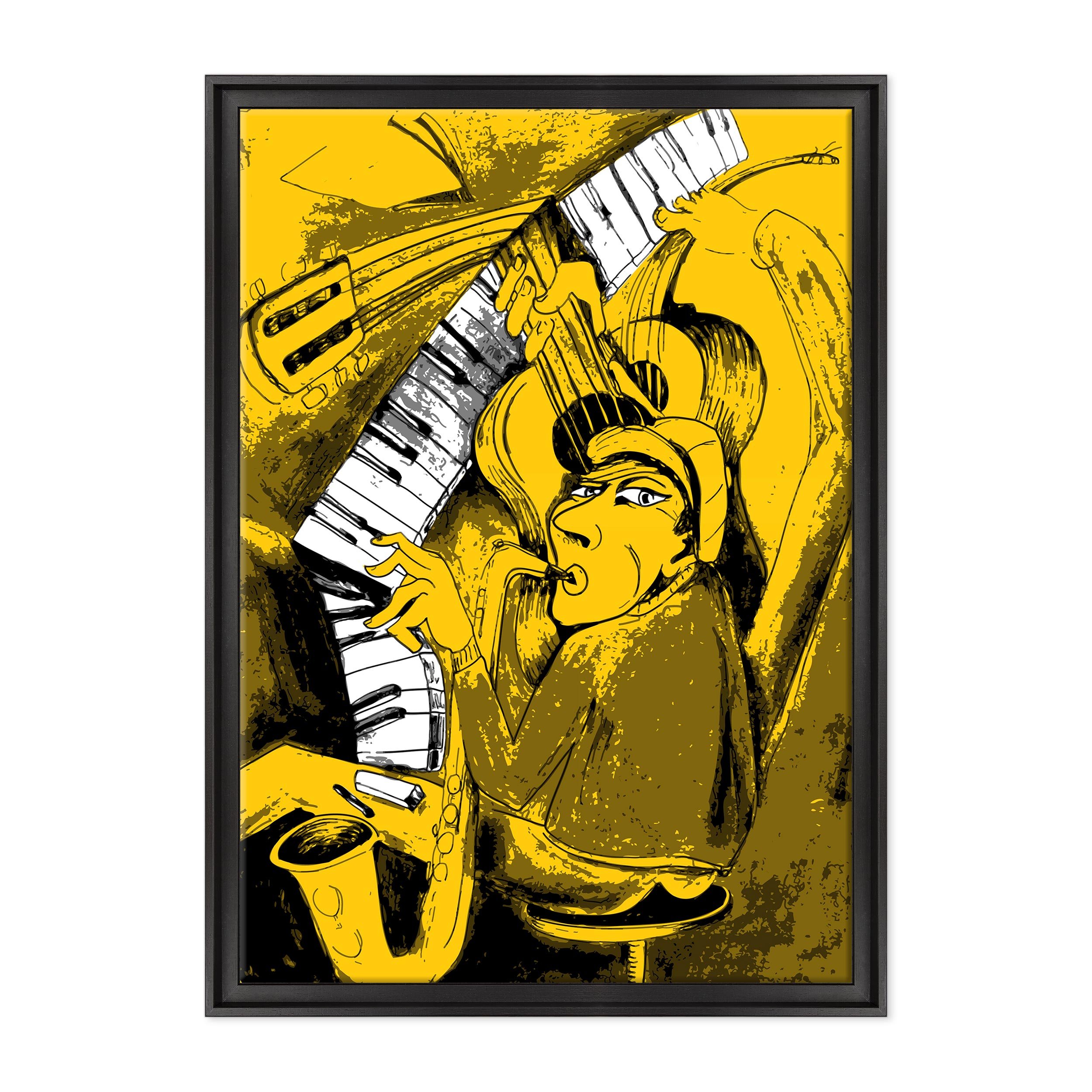 Quadro su Tela Canvas INTELAIATO - con Cornice - Musica Jazz - Illustrazione Disegno Pianista con Sax - 70x100cm - Stile Contemporaneo Nero - (cod.1112)