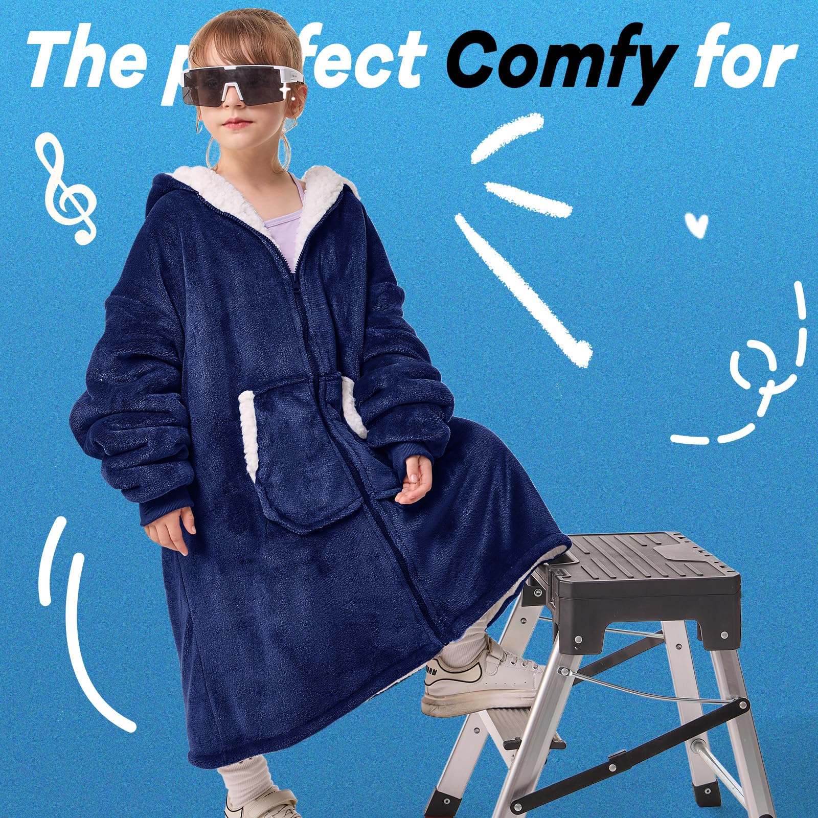 JOYWOO Kids Wearable Blanket Hoodie, Oversized Sherpa Hooded Blanket Birthday Christmas Gifts for Girl Boy, Cozy Sweatshirt Blankets with Giant Pocket and Zipper, Navy Blue