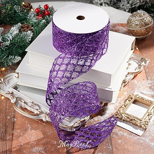 Miniatura 3 de Cinta morada con alambre de 2.5 pulgadas x 10 yardas, cinta con alambre con purpurina, cinta morada para Halloween, decoraciones de Navidad,
